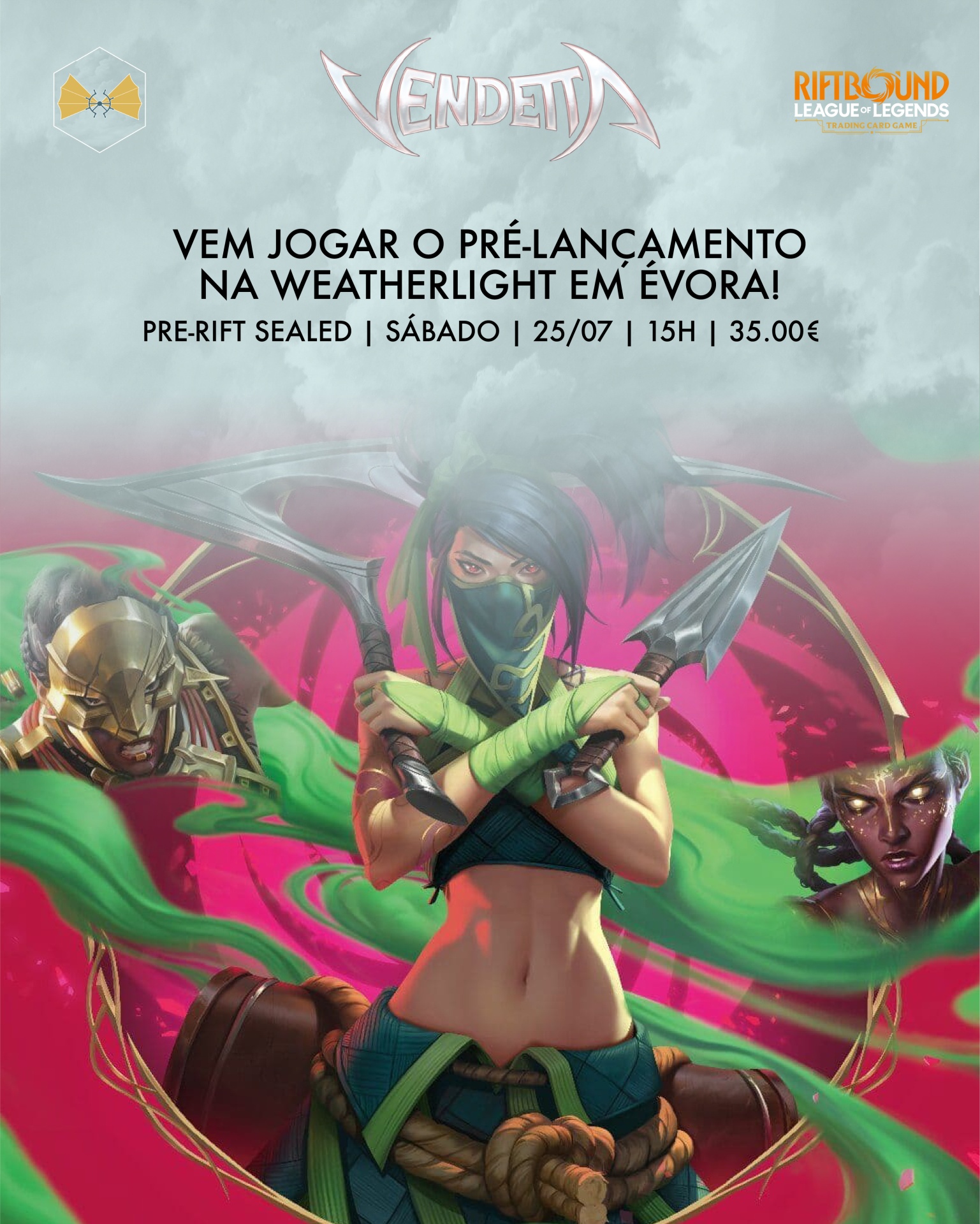 Promoção do pré-lançamento do jogo Vendetta Riftbound League of Legends com personagens ilustrativos e texto promocional em fundo de nuvens e cores vibrantes.