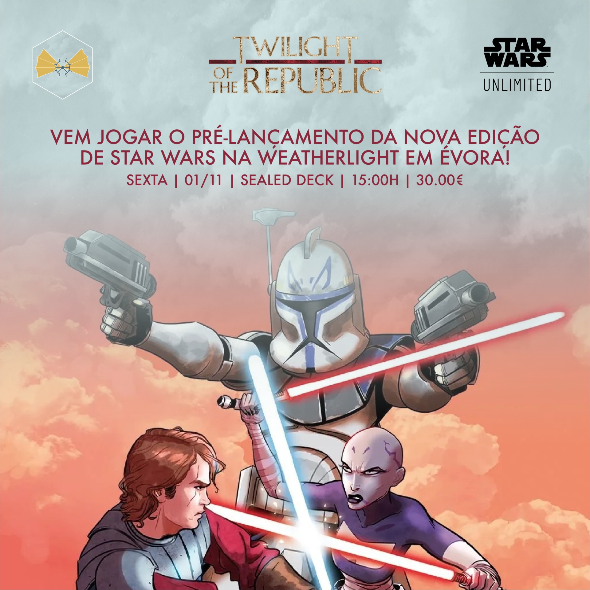 Cartaz promocional de Star Wars Unlimited Twilight of the Republic com personagens e texto em português para evento em Évora.
