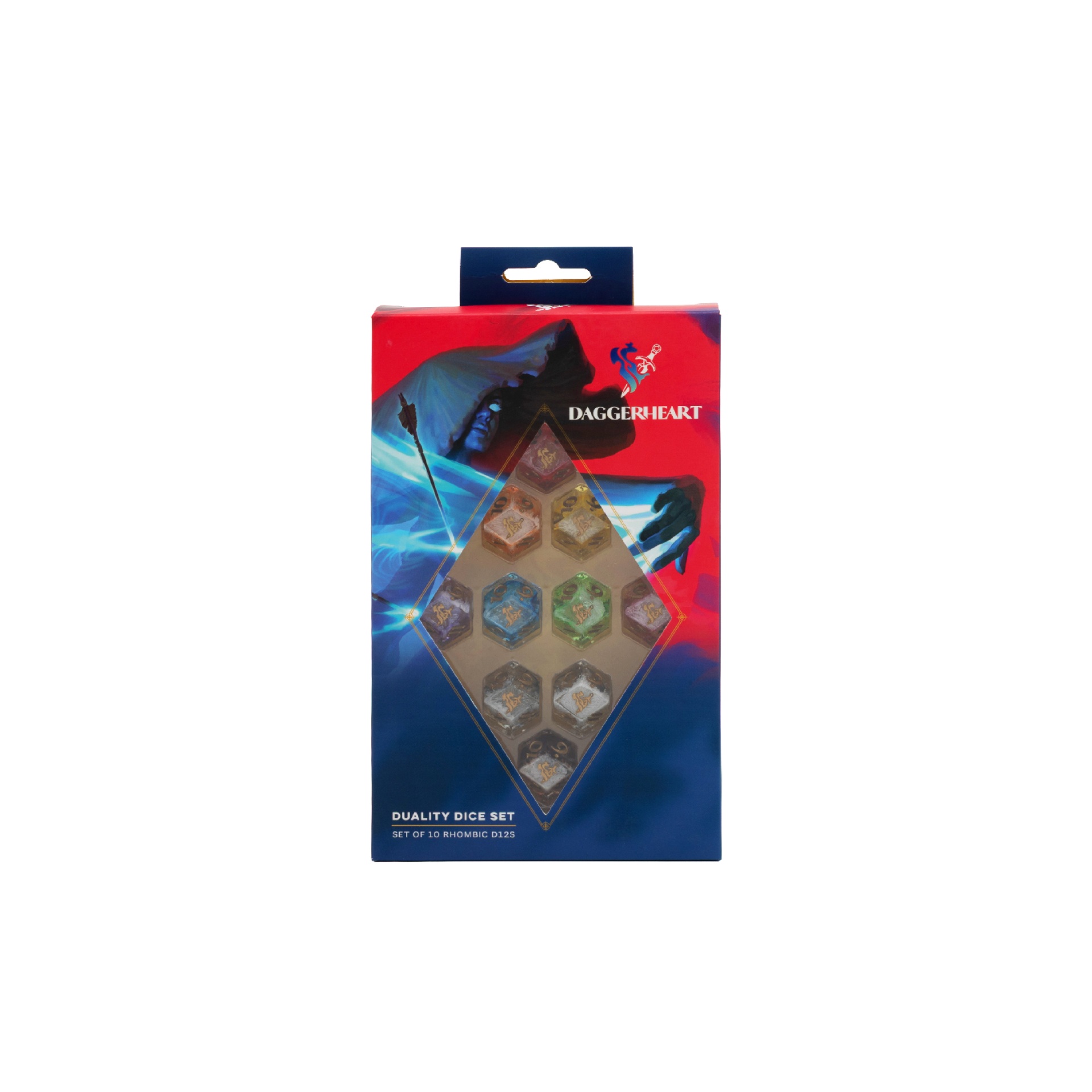 Daggerheart - Duality Dice Set (10 pcs) Conjunto de dados Daggerheart coloridos em embalagem azul e vermelho