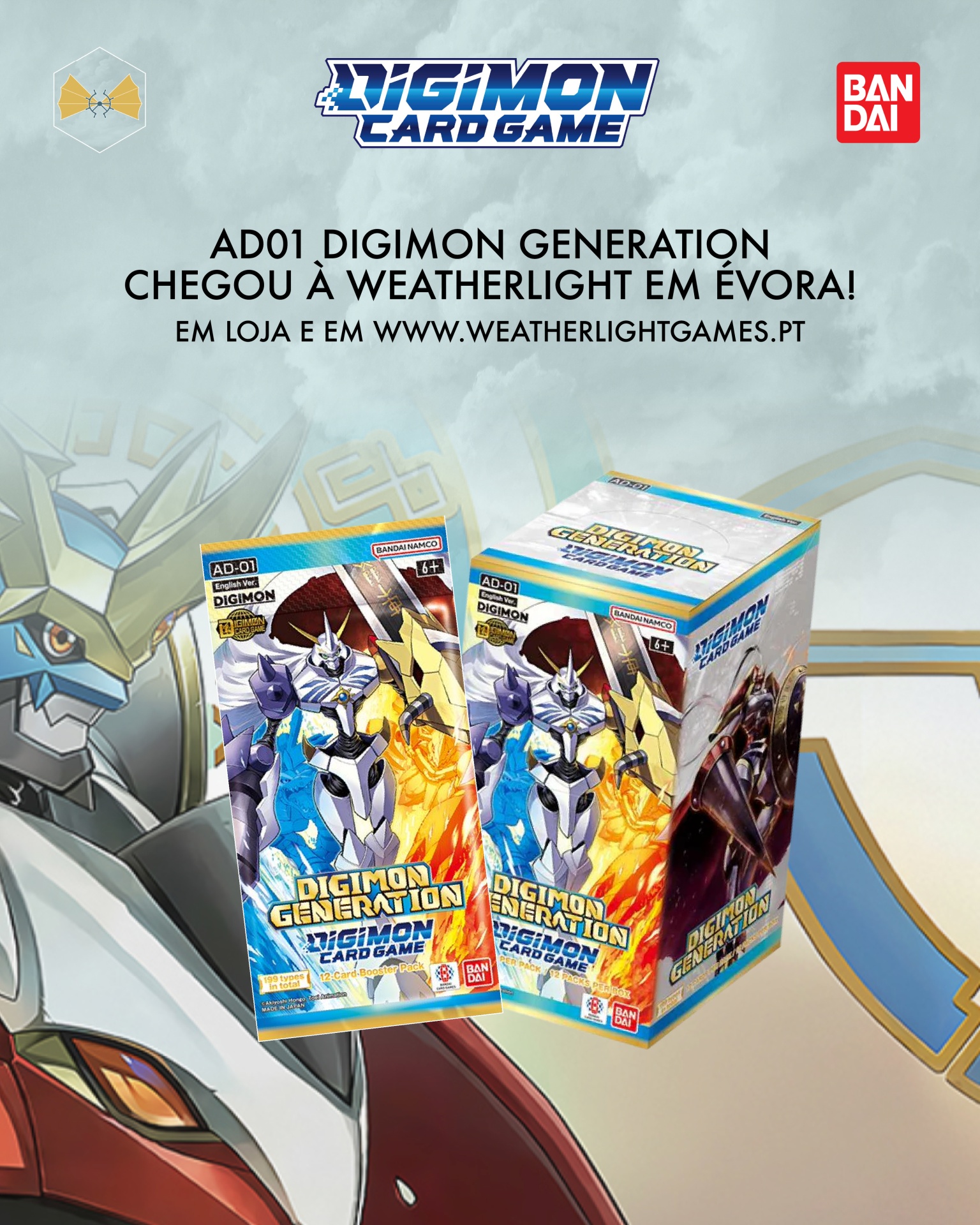 Promoção jogo cartas Digimon Generation com embalagem e pacote coloridos e personagens robóticos.