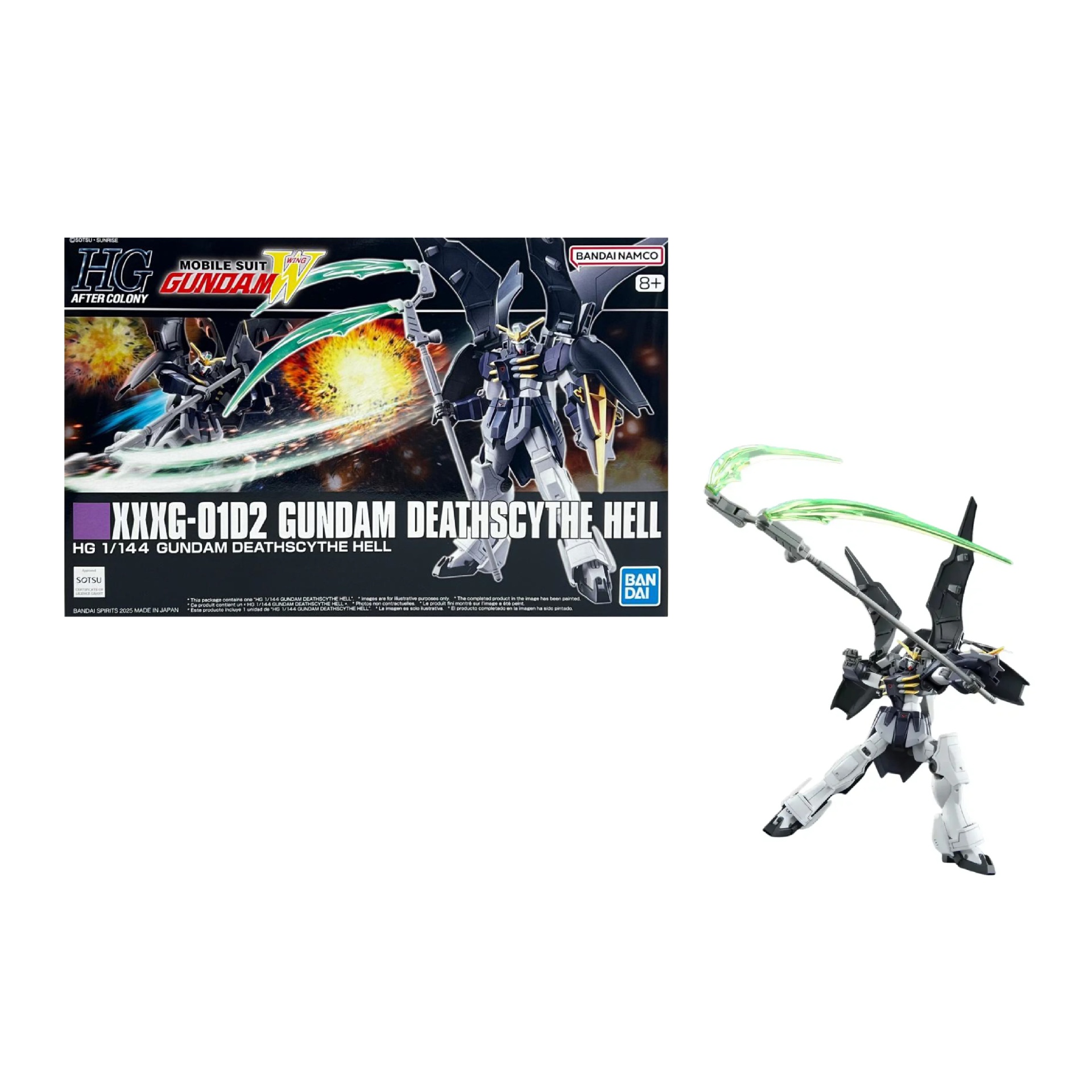 Model Kit: HG 1/144 Gundam Deathscythe Hell Caixa e modelo do Gundam Deathscythe Hell com foice verde translúcida e cores preto e branco.