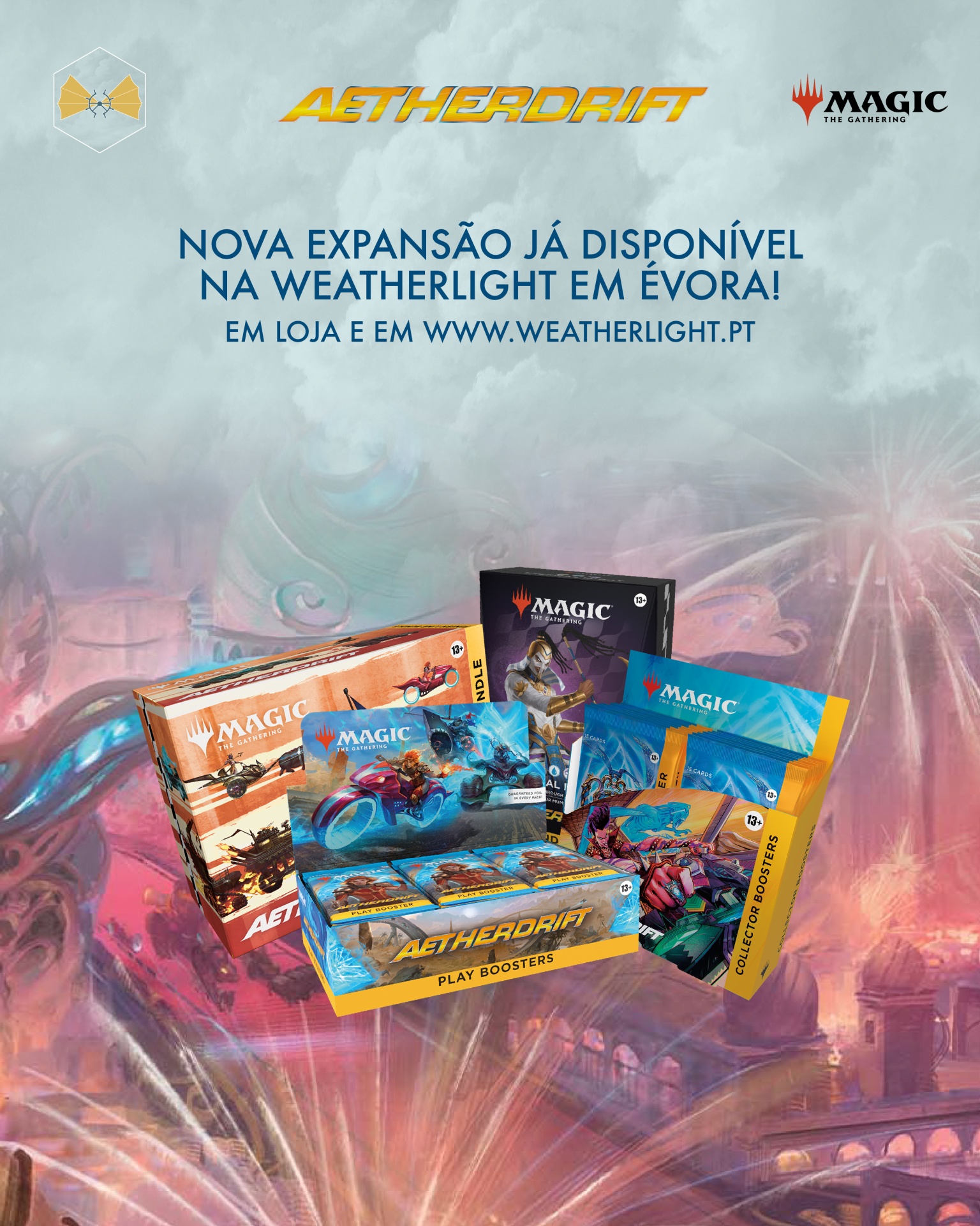 Promoção da expansão AETHERDRIFT para Magic The Gathering com várias caixas de cartas coloridas e texto informativo em português.