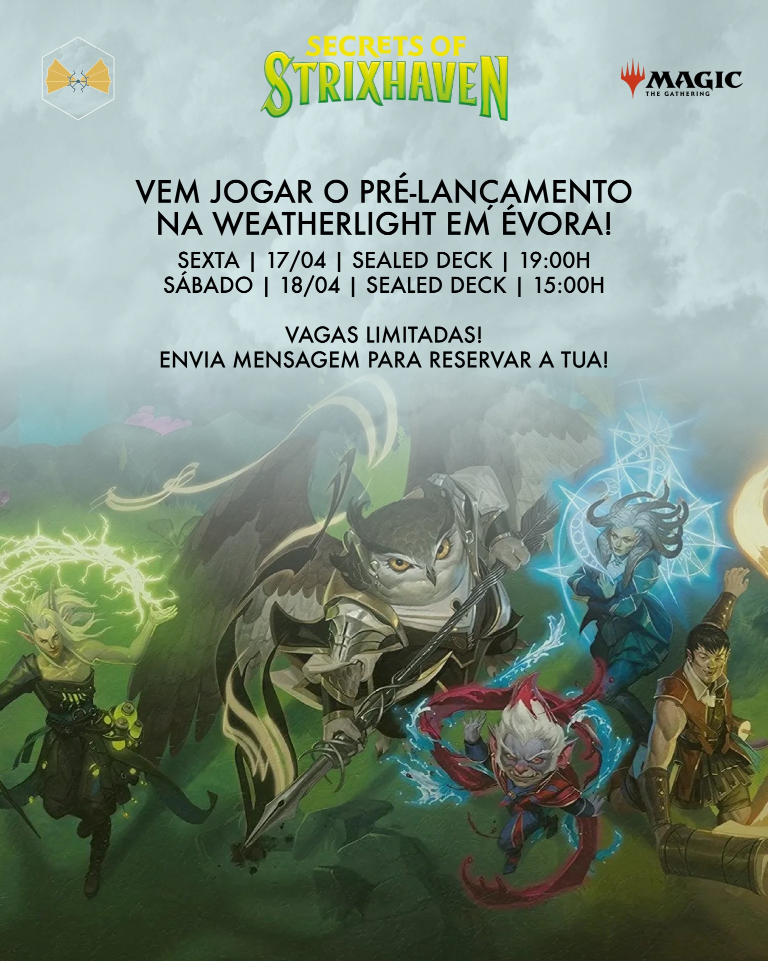 Cartaz promocional do jogo Magic: The Gathering com texto e ilustração de personagens fantásticos.