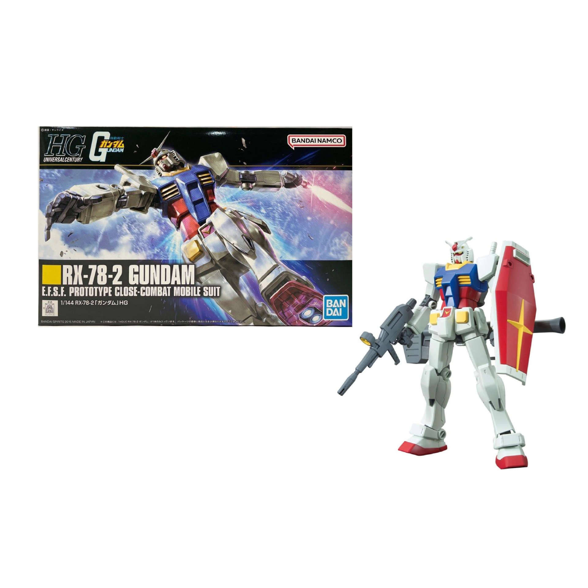 Model Kit: HGUC 1/144 RX-78-2 Gundam Kit modelo RX-78-2 Gundam com figura e caixa ilustrada.