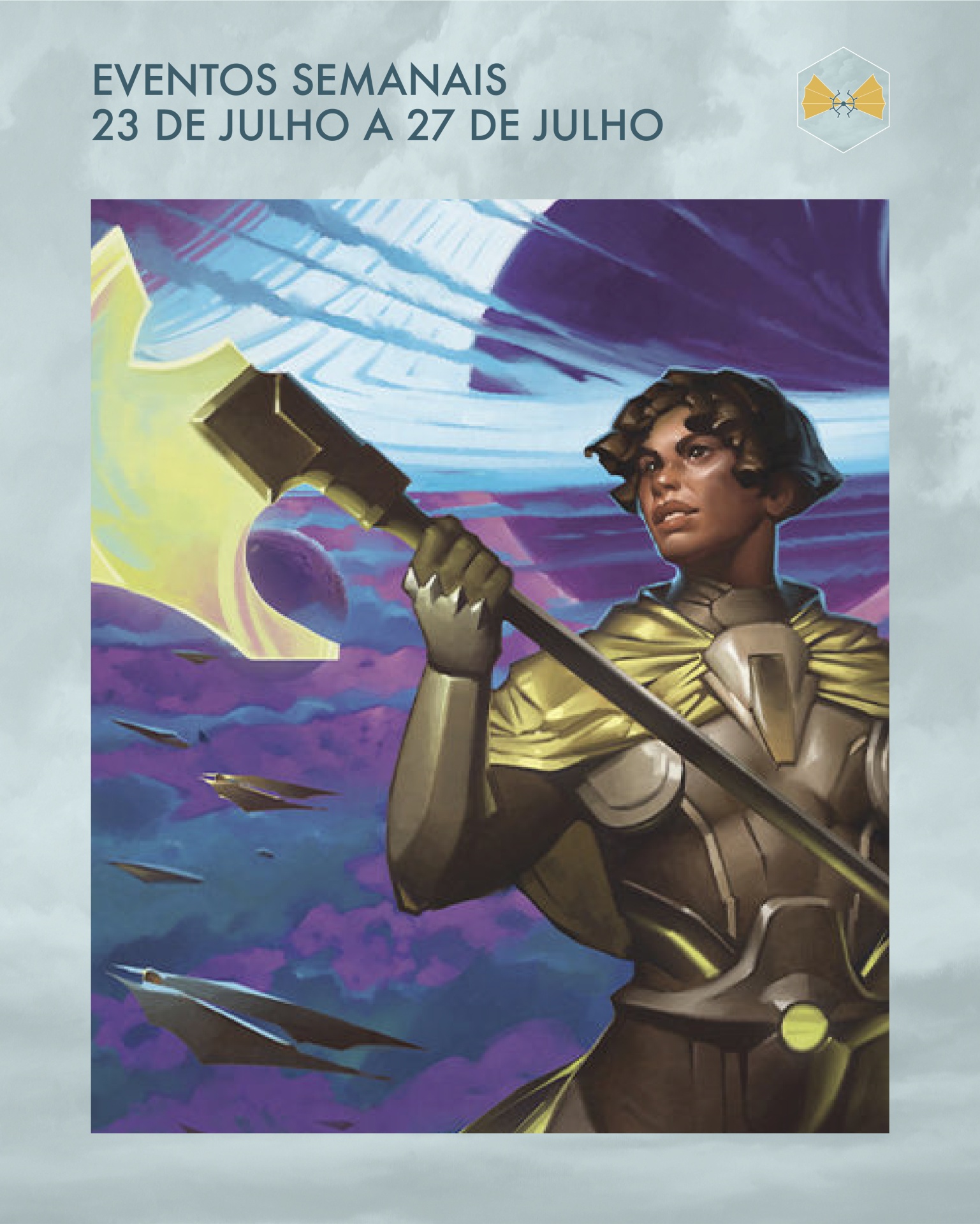 Personagem em armadura dourada com machado em fundo de céu roxo e naves espaciais