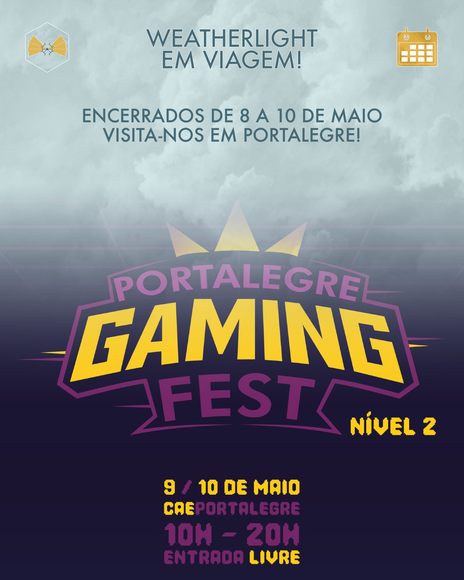 Cartaz promocional do Portalegre Gaming Fest com texto e logotipos em fundo azul e nuvens.