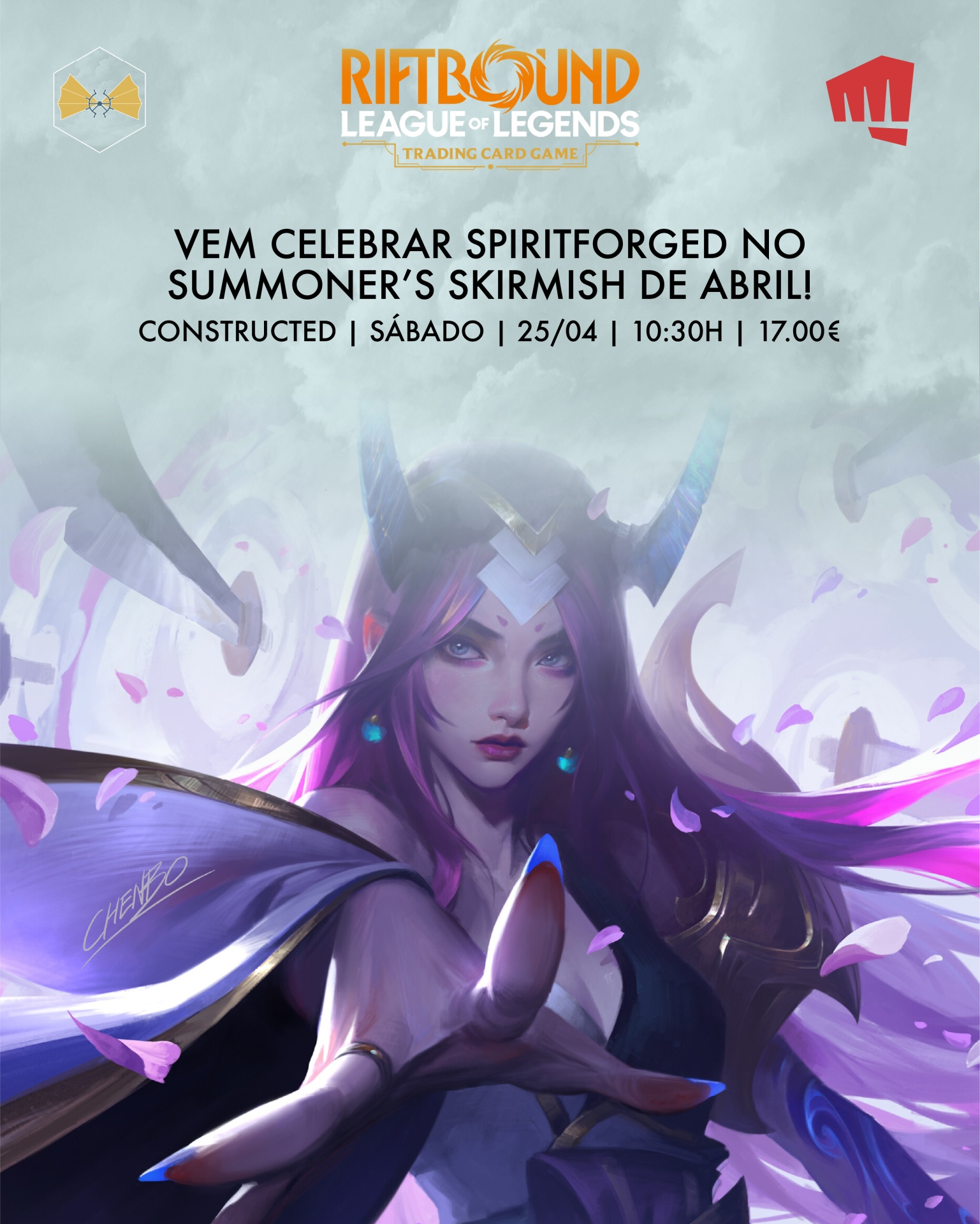 Promoção do jogo Riftbound com personagem feminina de cabelos roxos e manto azul e dourado