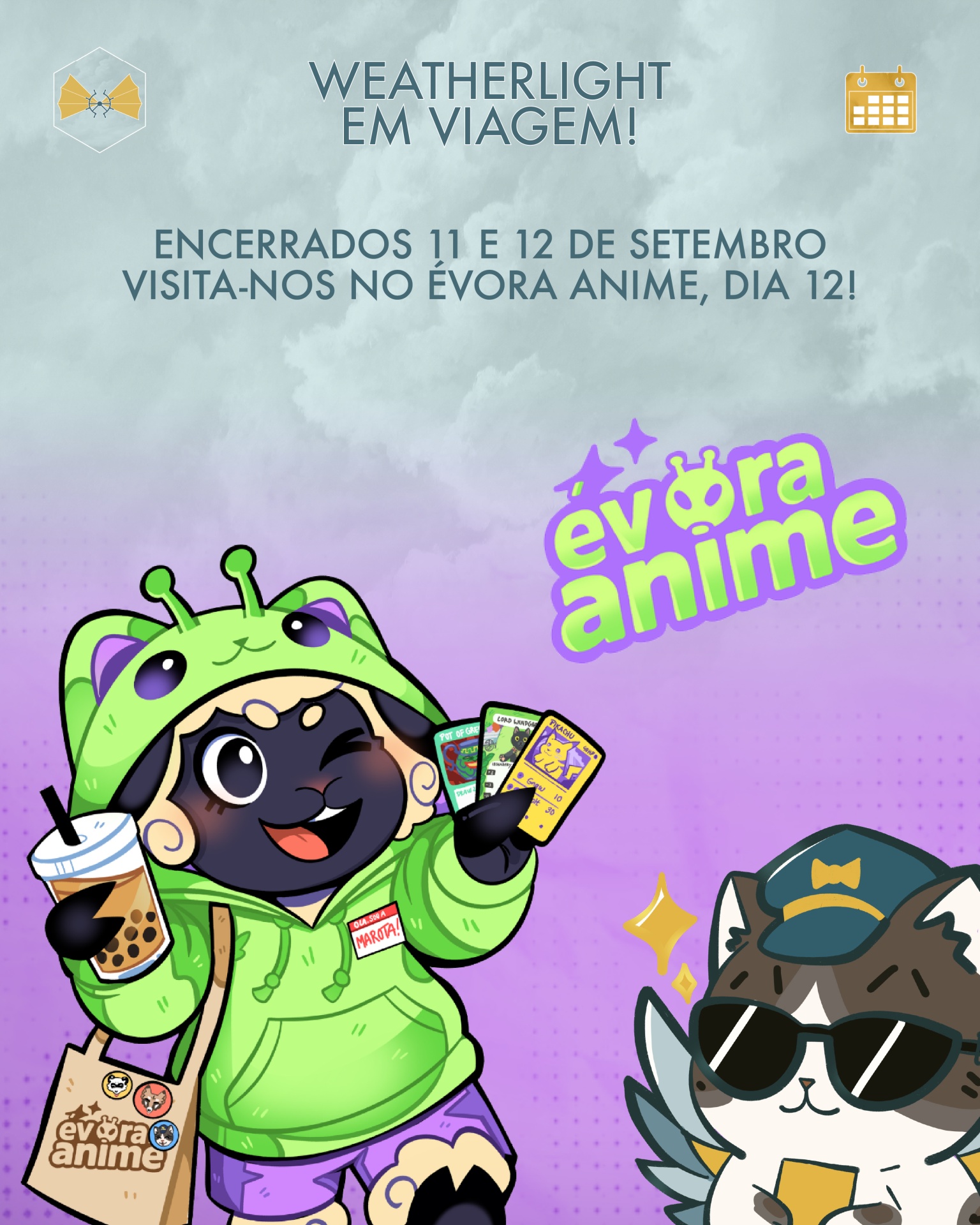 Ilustração personagem com hoodie verde e copo de bebida com texto ÉVORA ANIME.