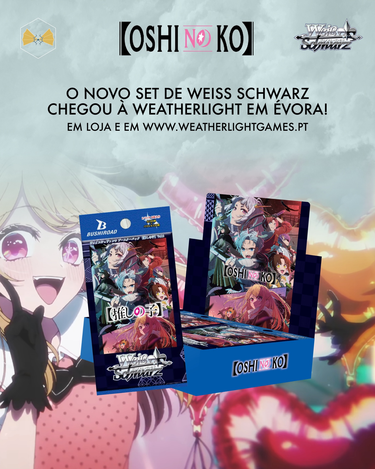 Cartas de jogo Weiss Schwarz Oshi No Ko com personagens de anime em embalagem azul