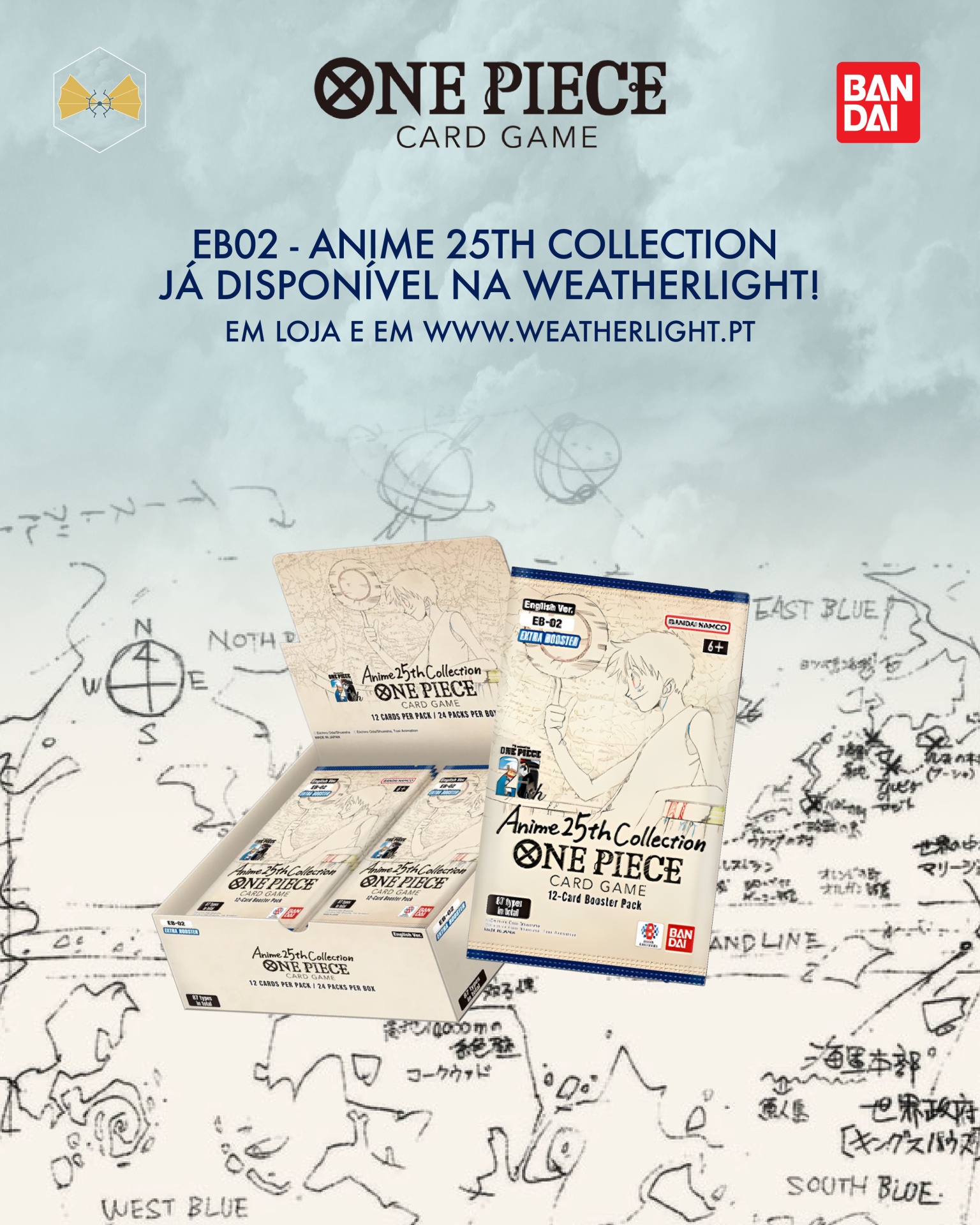Imagem promocional do jogo de cartas ONE PIECE com caixas e embalagens e texto promocional.