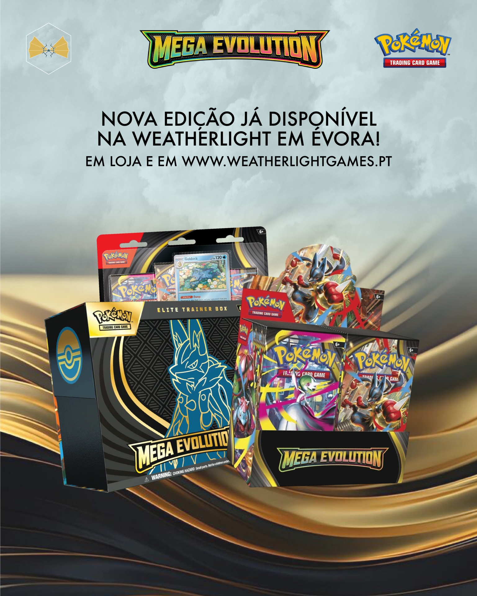 Produto Pokémon Mega Evolution com caixas e pacotes de cartas coloridas e texto promocional em português.