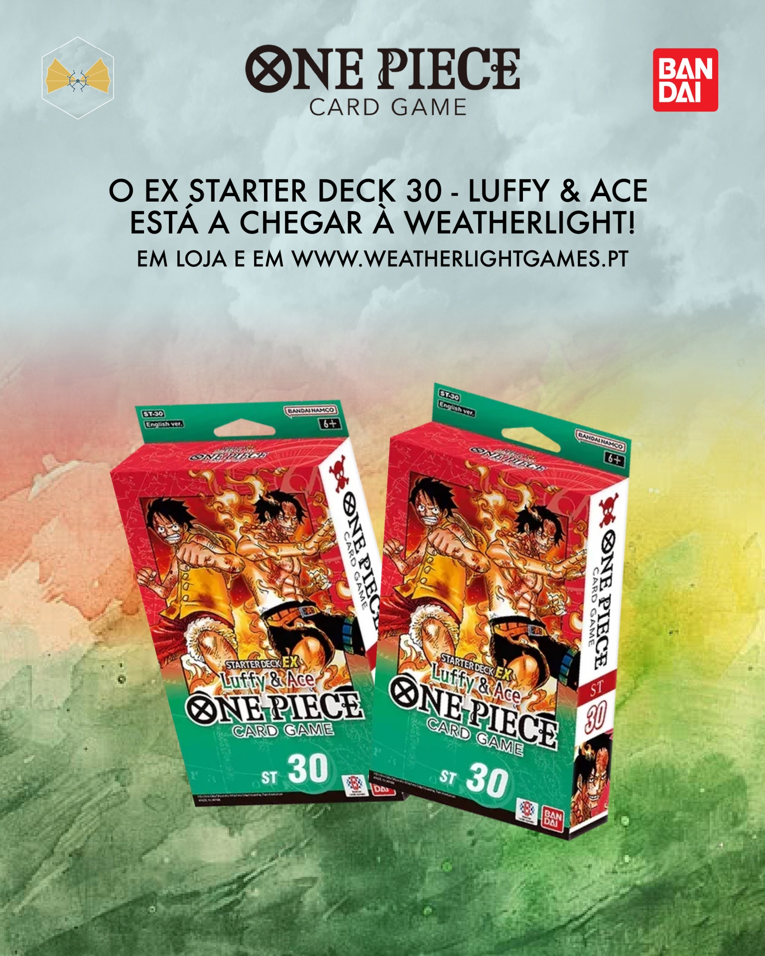 Promoção do Starter Deck 30 do O N E P I E C E Card Game com Luffy e Ace em fundo colorido e texto em português