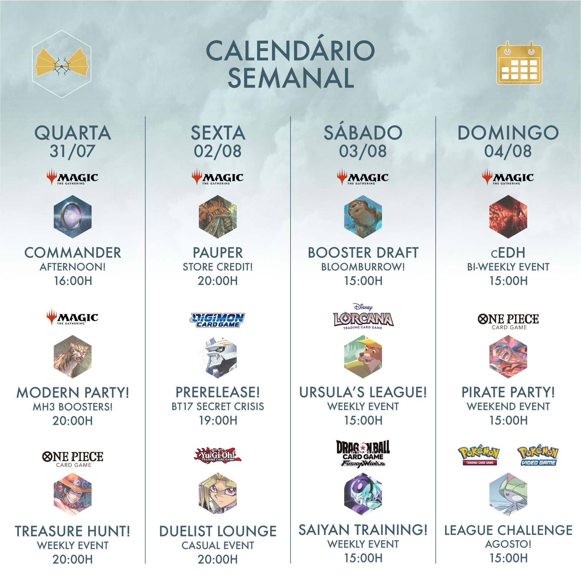 Calendário semanal de eventos de jogos com datas e horários