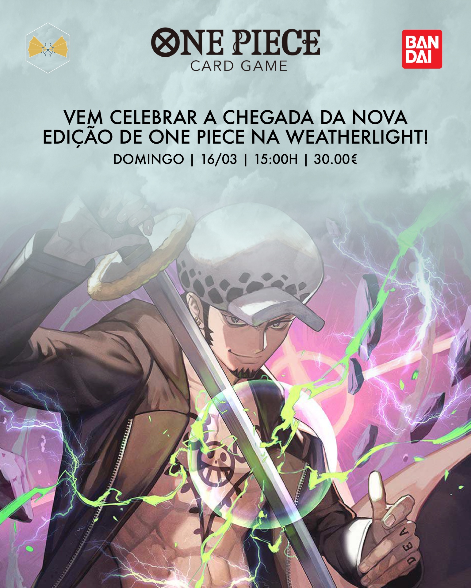 Cartaz promocional do jogo de cartas One Piece com personagem animado e texto em português