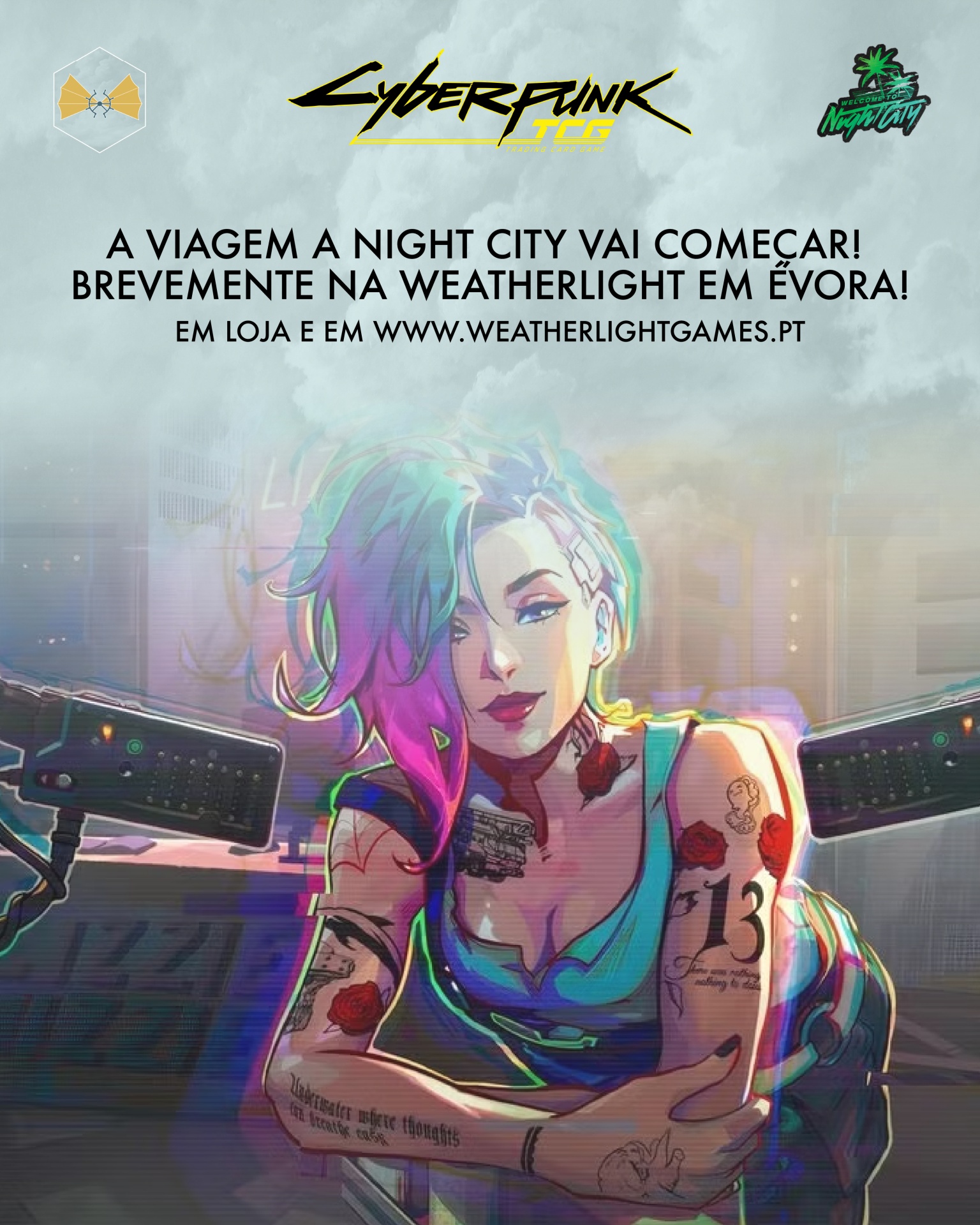 Imagem promocional Cyberpunk TCG com texto em português e personagem com cabelo colorido e tatuagens