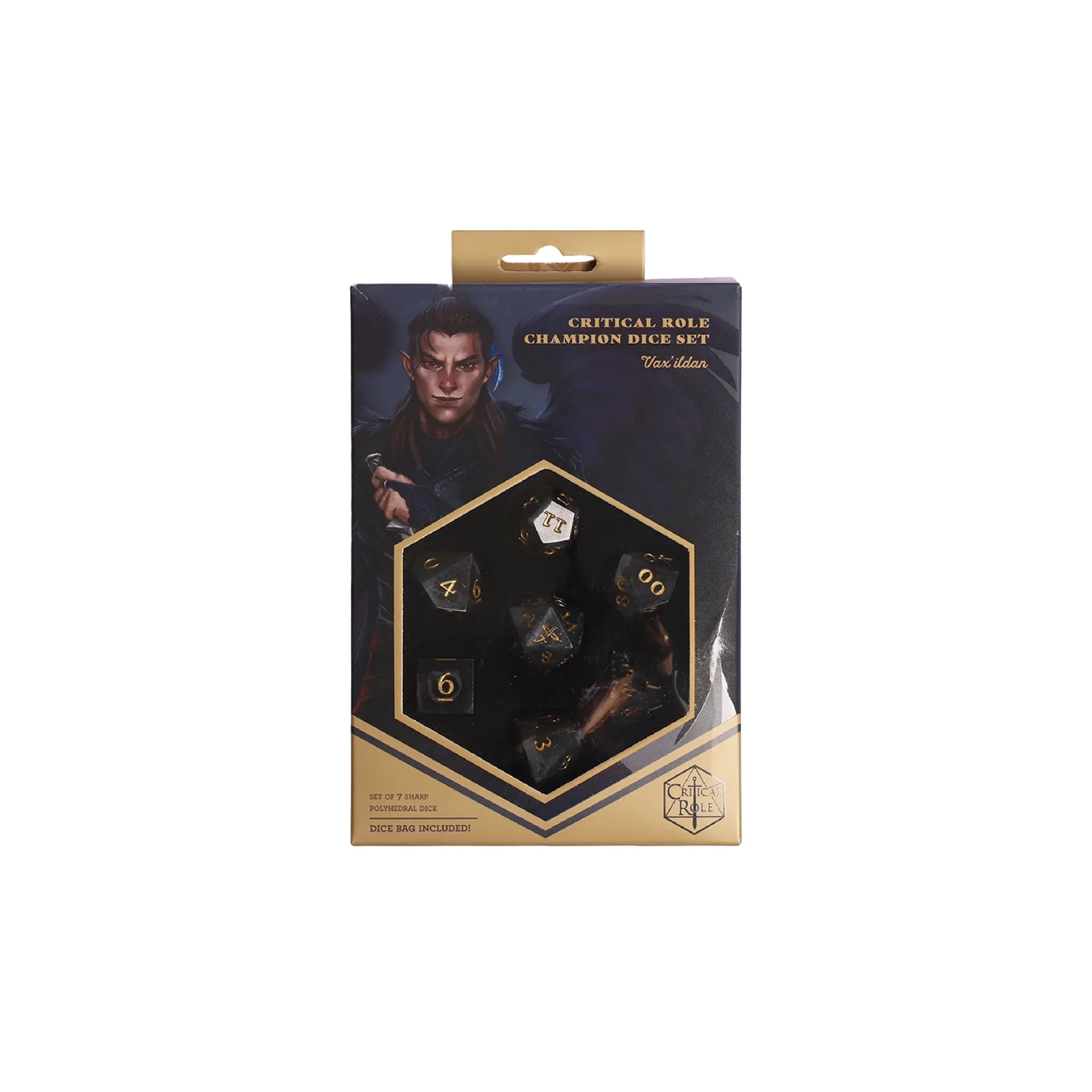 Critical Role - Champion Dice Set - Vax’ildan (7pcs) Conjunto de dados poliedros pretos e dourados Critical Role em embalagem com ilustração de personagem