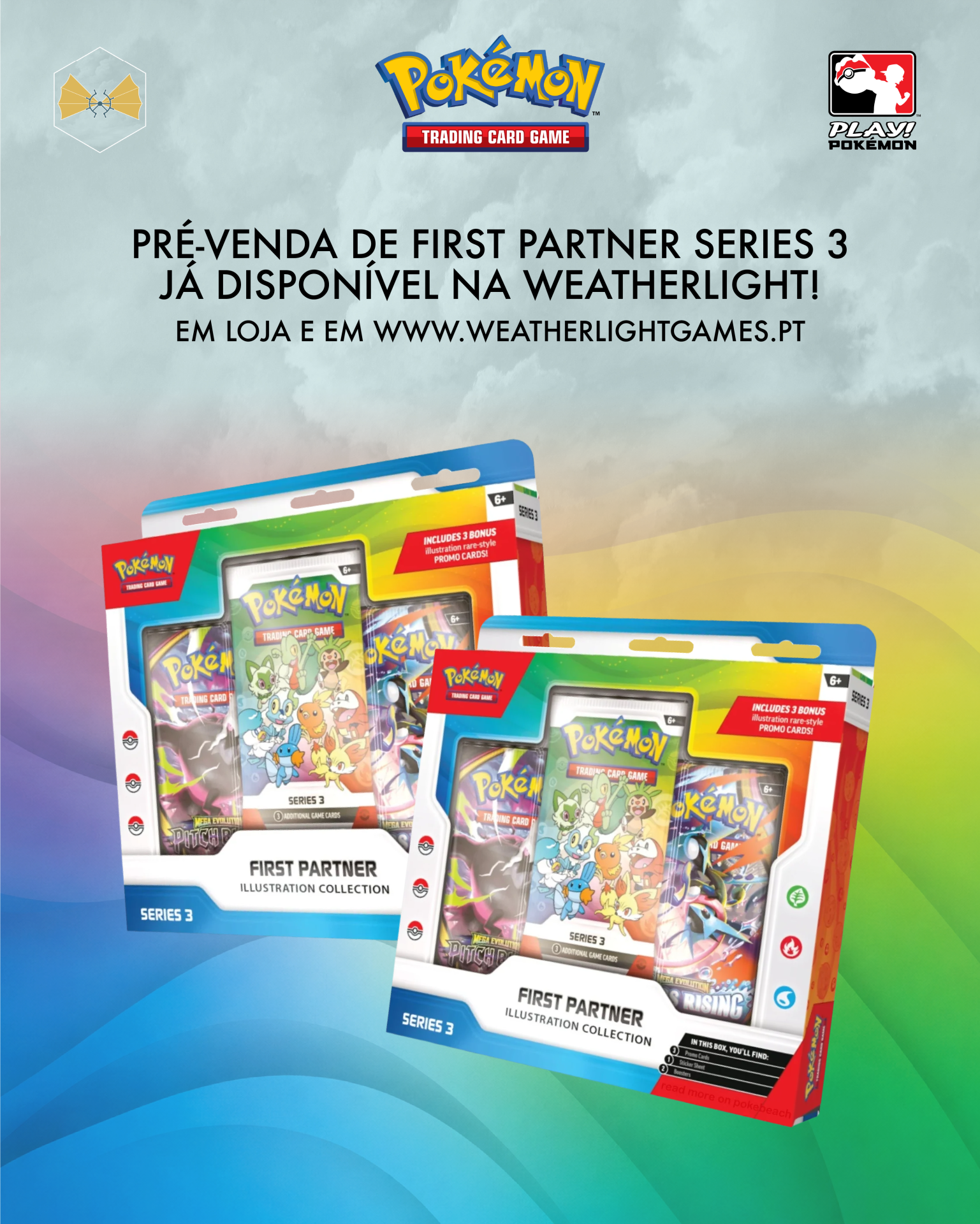 Conjuntos Pokémon Trading Card Game First Partner Series 3 e texto de pré-venda em português