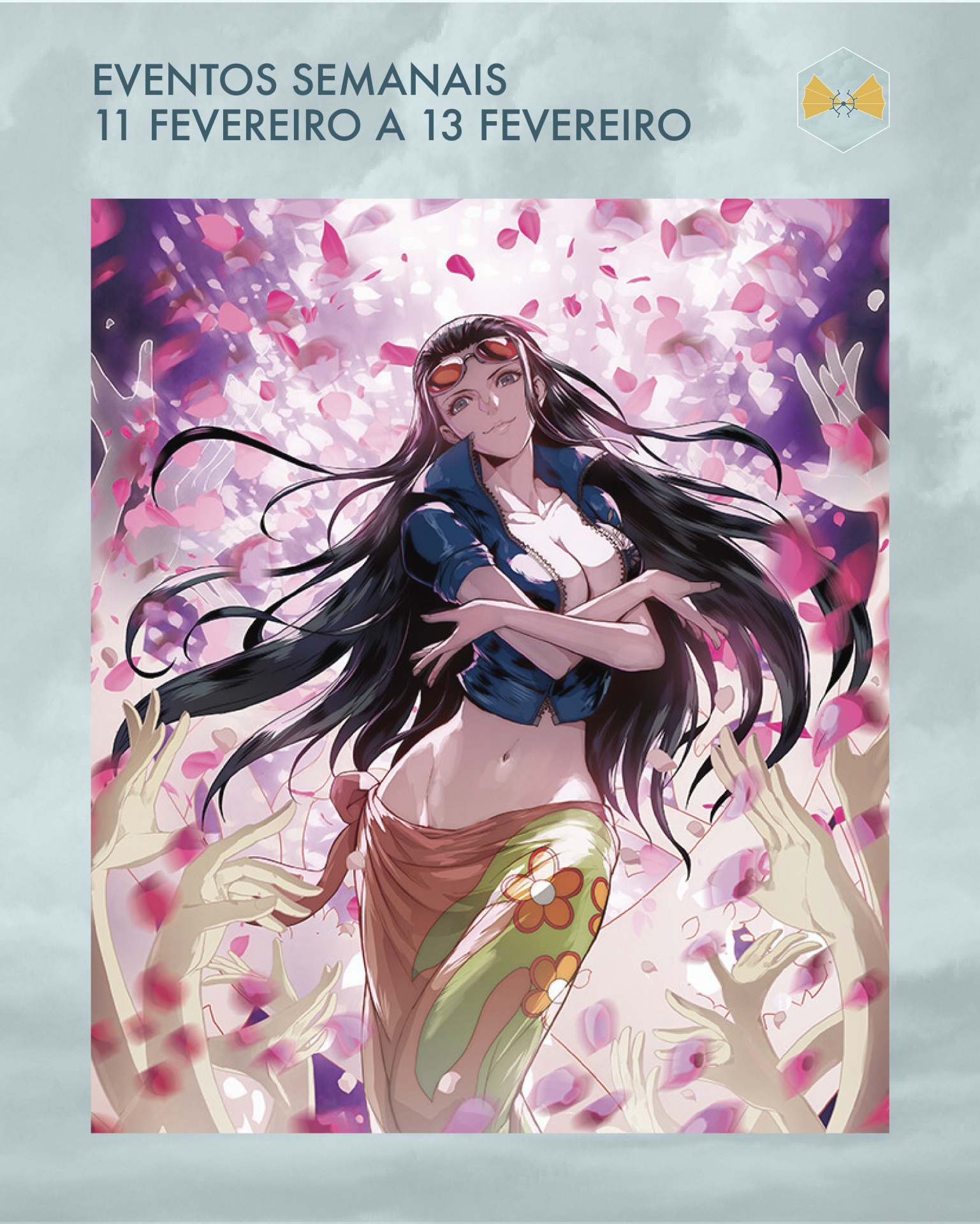 Ilustração de mulher com jaqueta azul e saia floral rodeada por pétalas cor-de-rosa.