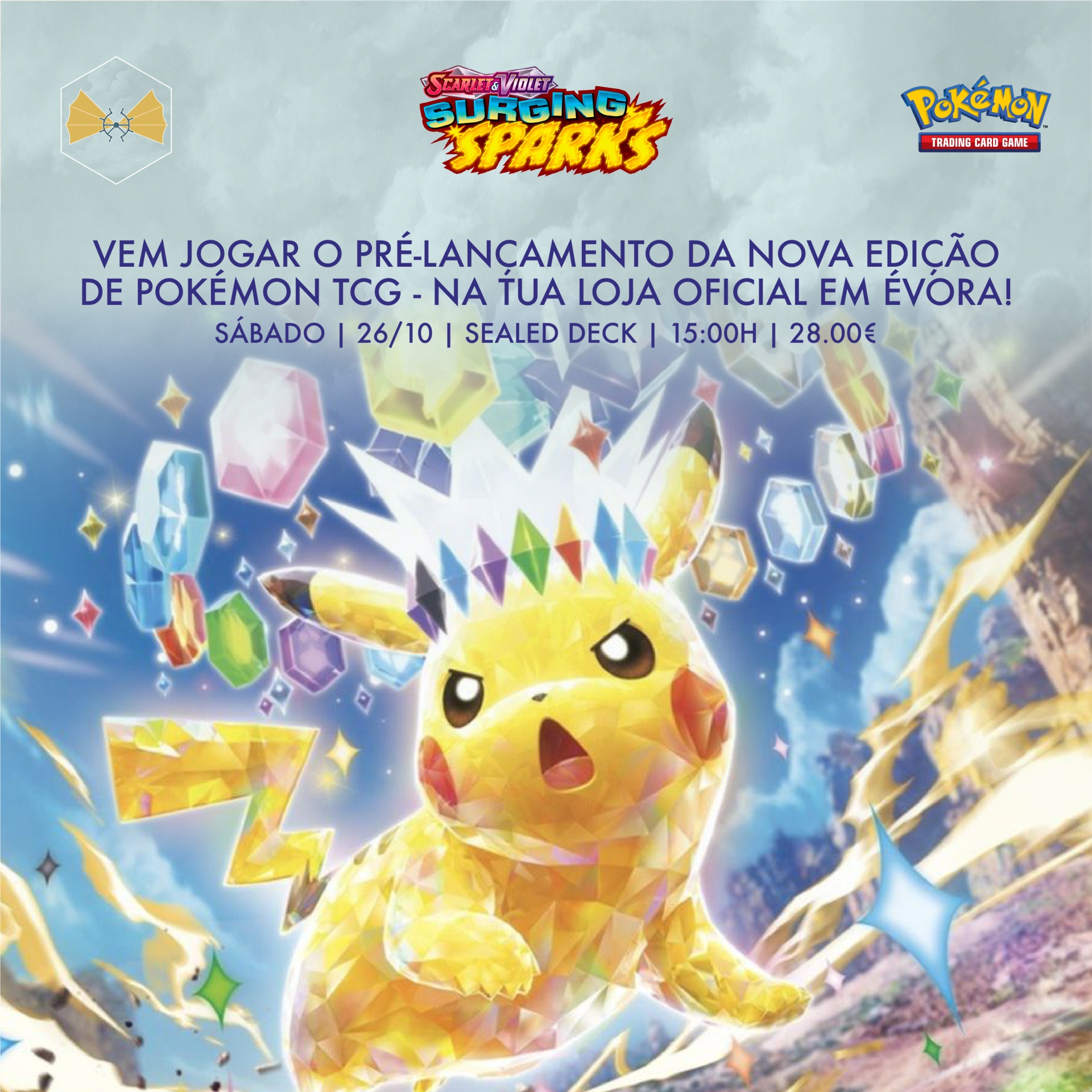 Promoção pré-lançamento Pokémon TCG edição Surging Sparks com Pikachu poligonal colorido e texto em português