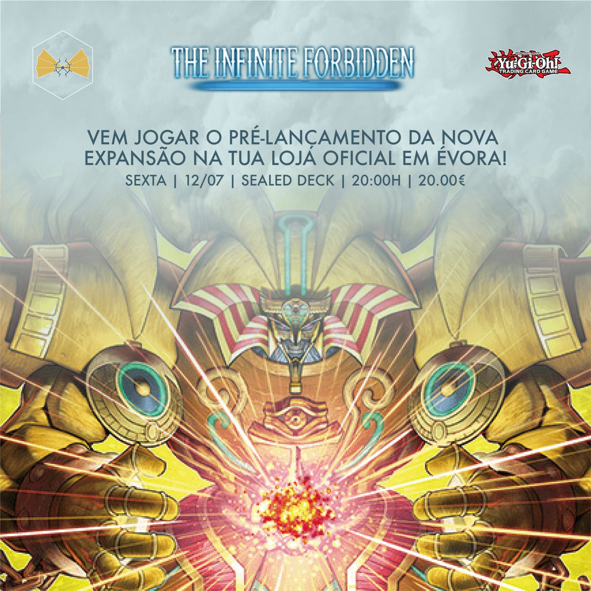 Cartaz promocional do jogo Yu-Gi-Oh com texto em português e imagem de personagem dourado poderoso no centro.