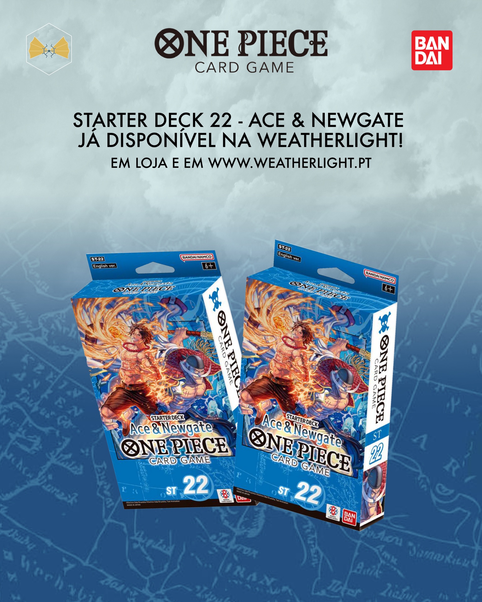 Caixas do jogo One Piece Card Game Starter Deck 22 Ace & Newgate com logos Bandai e Weatherlight