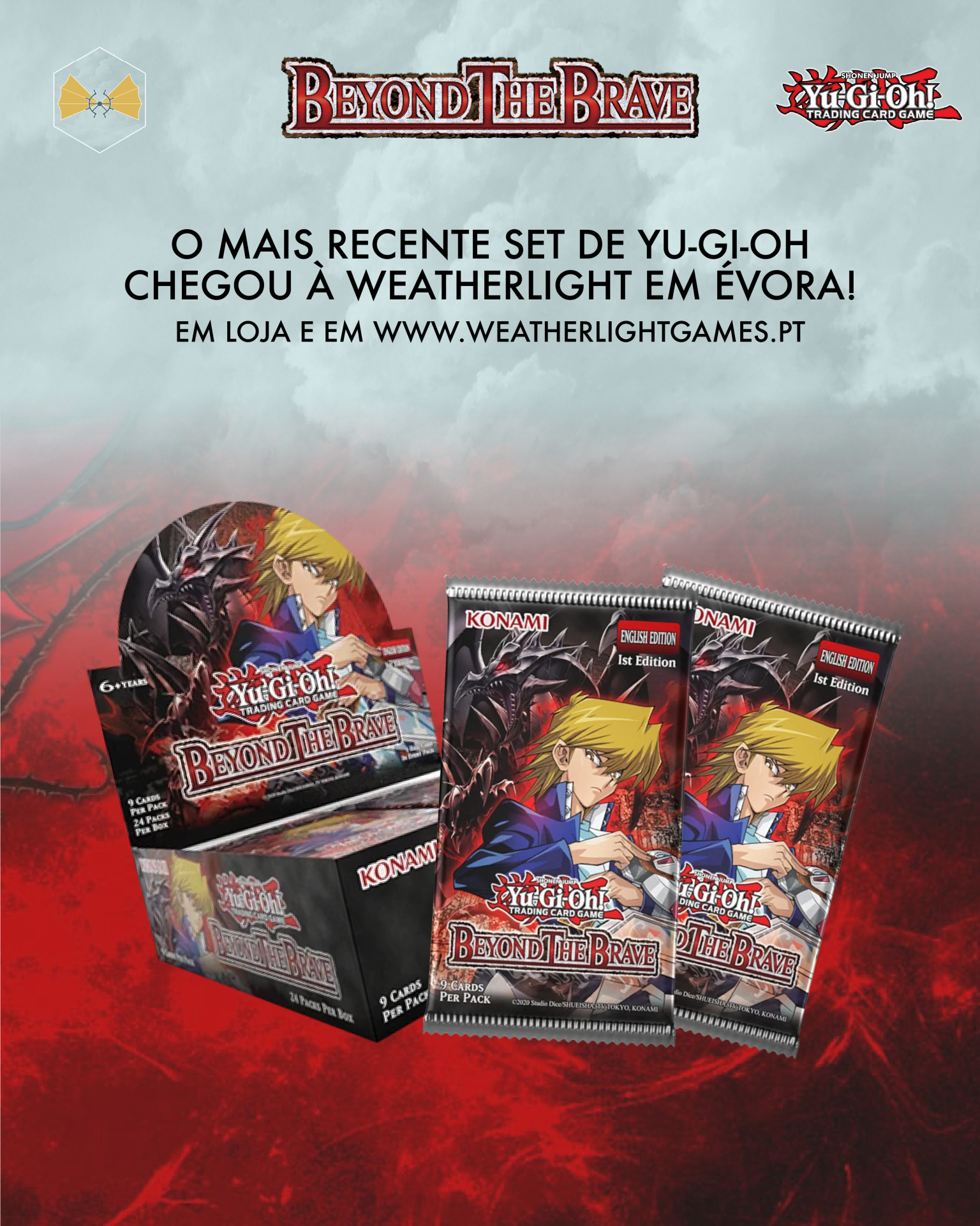 Caixa e pacotes de cartas Yu-Gi-Oh Beyond The Brave com personagem animado e dragão