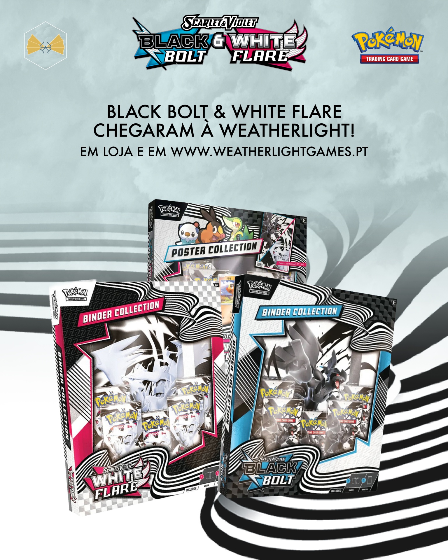 Pacotes da coleção Pokémon Black Bolt e White Flare para o jogo de cartas, com caixas em cores preta, branca, rosa e azul e texto promocional em português.