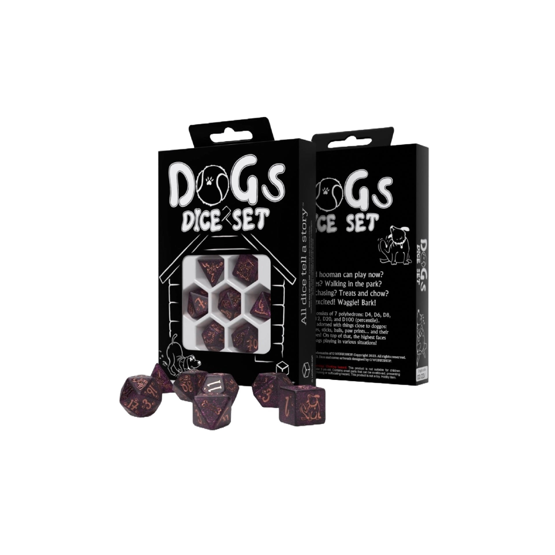 Q-workshop - Dice Set - DOGS - Luna (7pcs) Conjunto de dados poligonais em caixa preta com texto DOGS DICE SET e ilustração de cachorro.