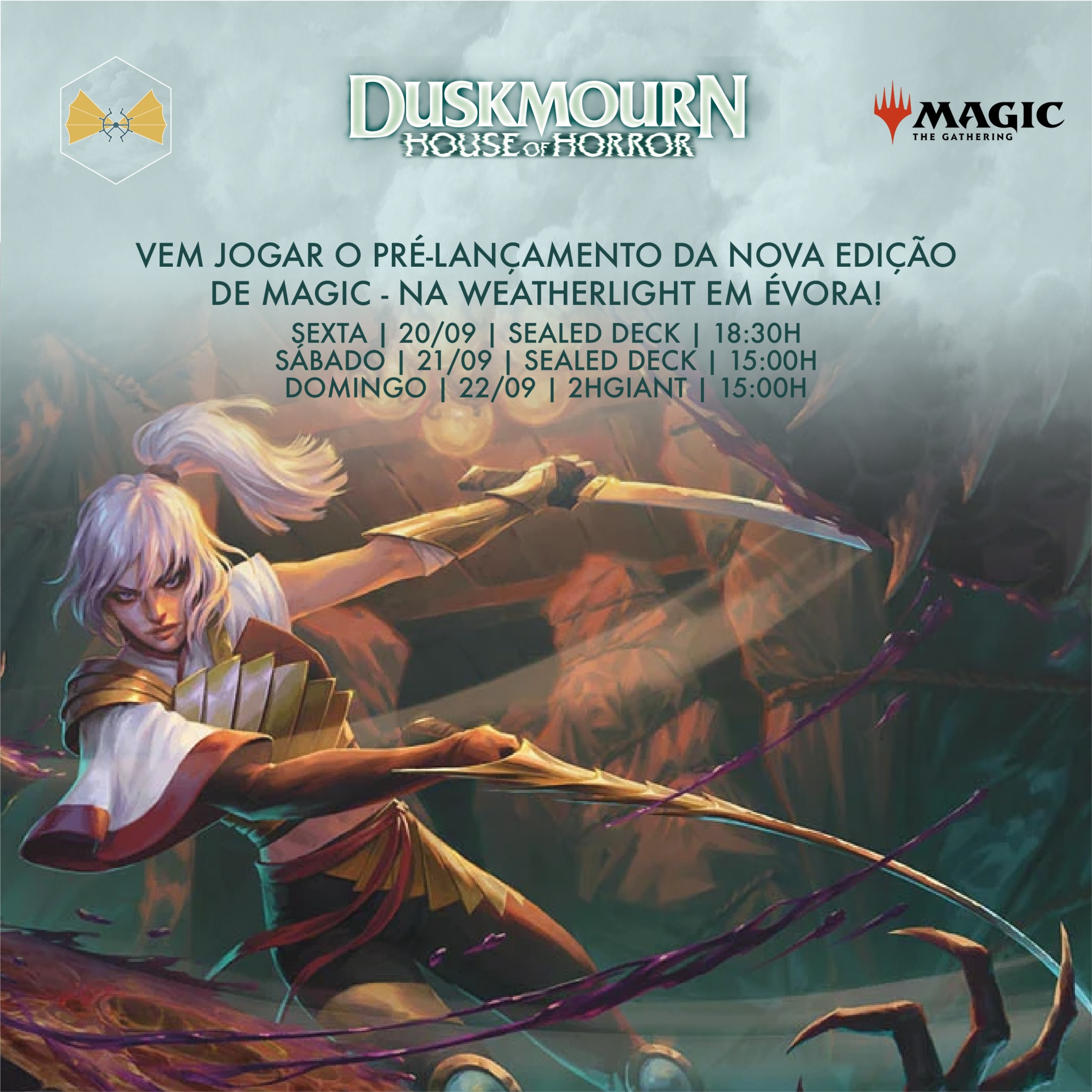 Cartaz promocional do jogo Magic: The Gathering com ilustração de personagem e texto em português