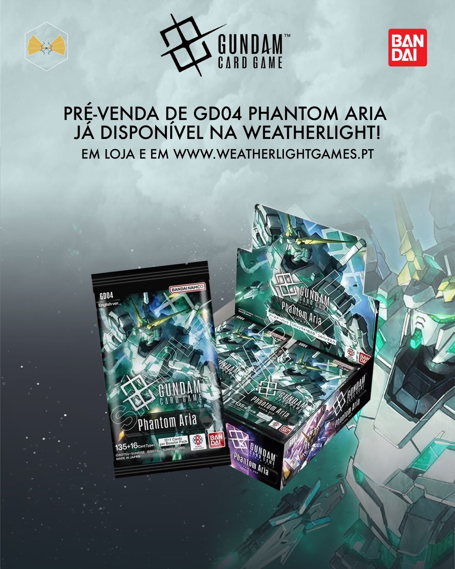 Pacote e caixa do jogo de cartas Gundam Card Game Phantom Aria com robô verde e logotipo Bandai