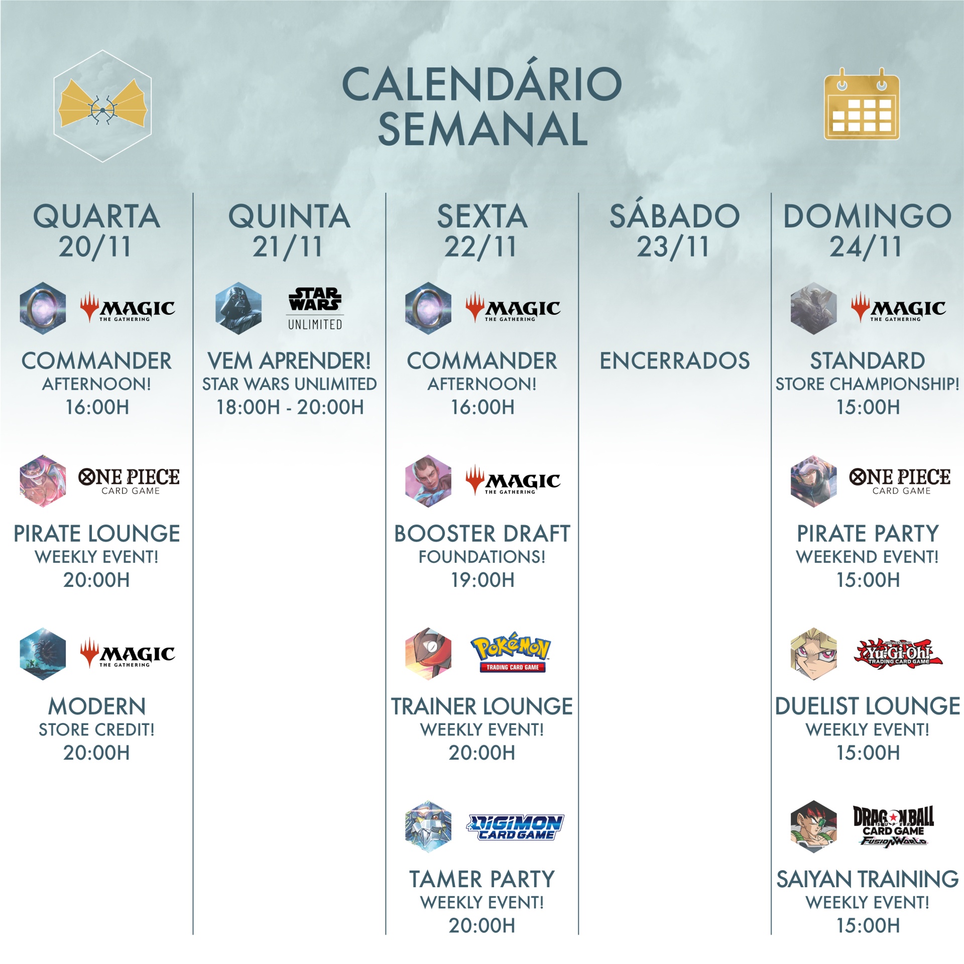 calendário semanal de eventos de jogos com datas, horários e ícones dos jogos