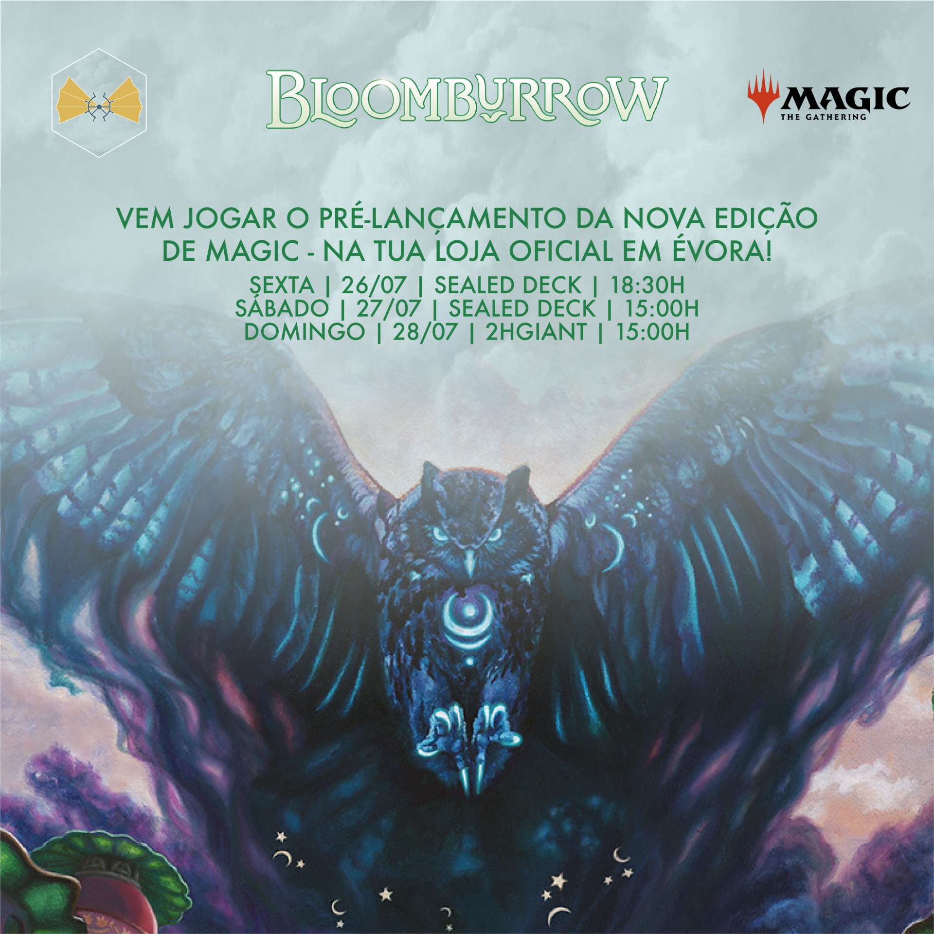 Cartaz promocional do pré-lançamento da edição BloomBurrow de Magic: The Gathering com ave azul mística e texto em português
