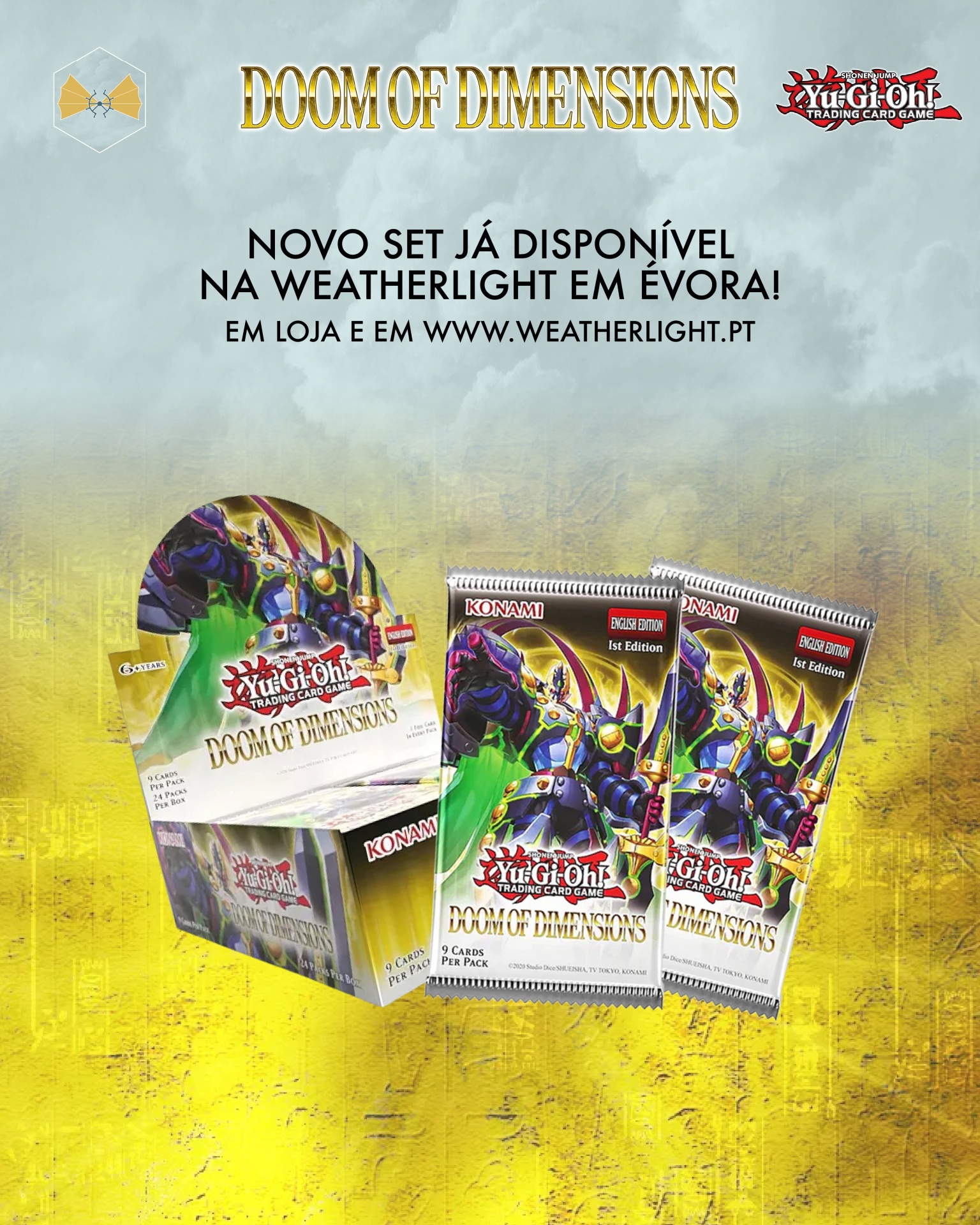 Pacotes e caixa do set Doom of Dimensions de Yu-Gi-Oh! com texto promocional em português