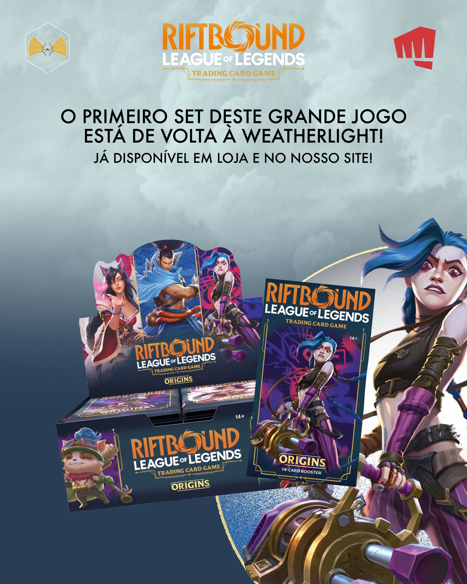Produto do jogo de cartas RIFTBOUND LEAGUE OF LEGENDS TRADING CARD GAME com arte de personagens e texto em português