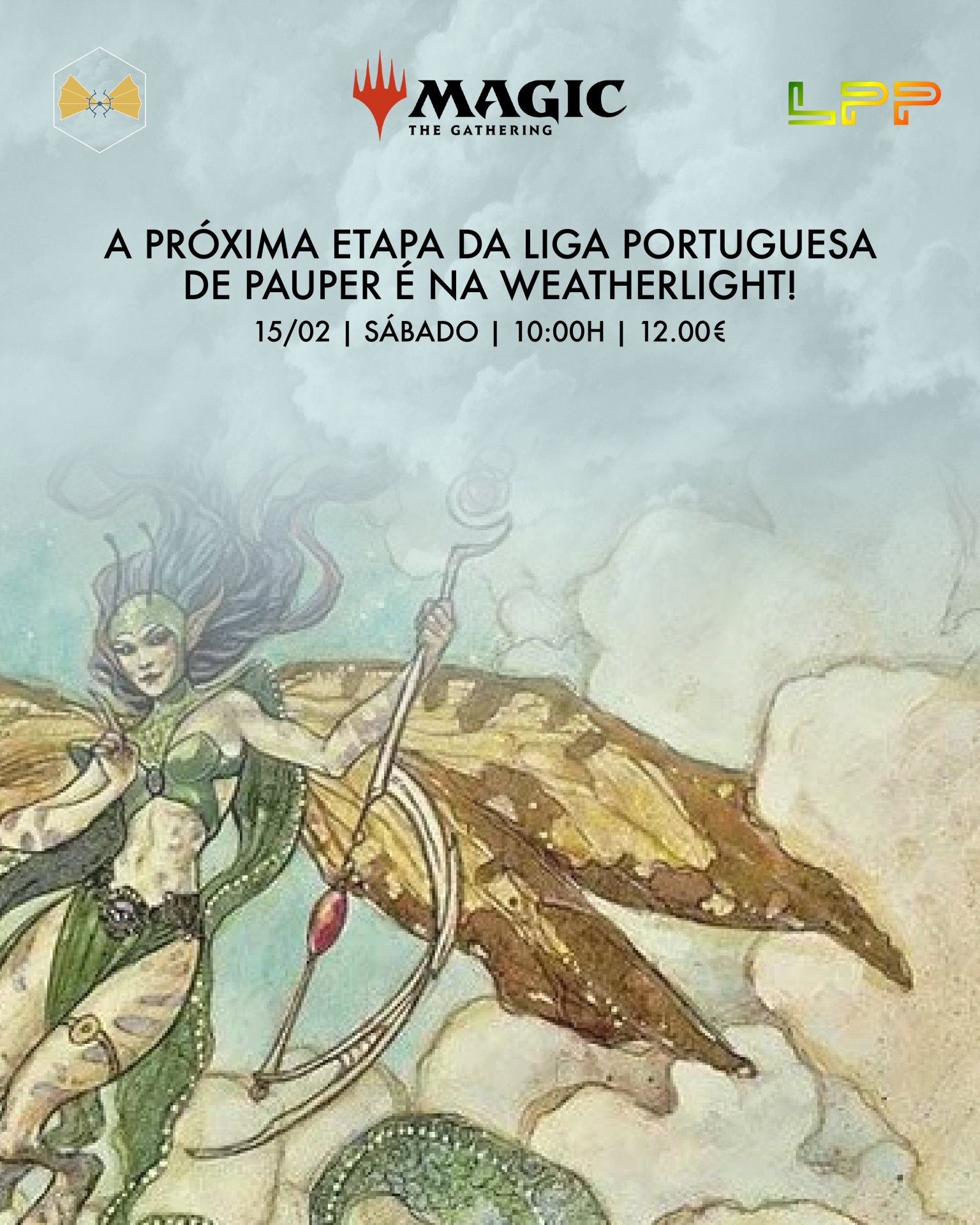 Cartaz de evento Magic The Gathering com personagem fantástica e texto informativo.
