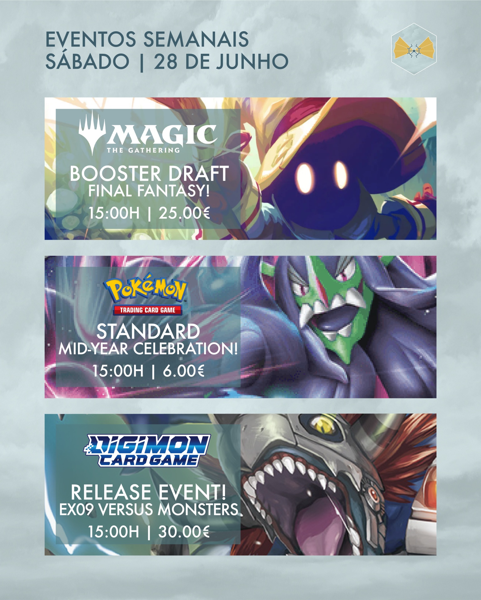 Cartaz de eventos semanais de jogos de cartas Magic, Pokémon e Digimon com preços e horários