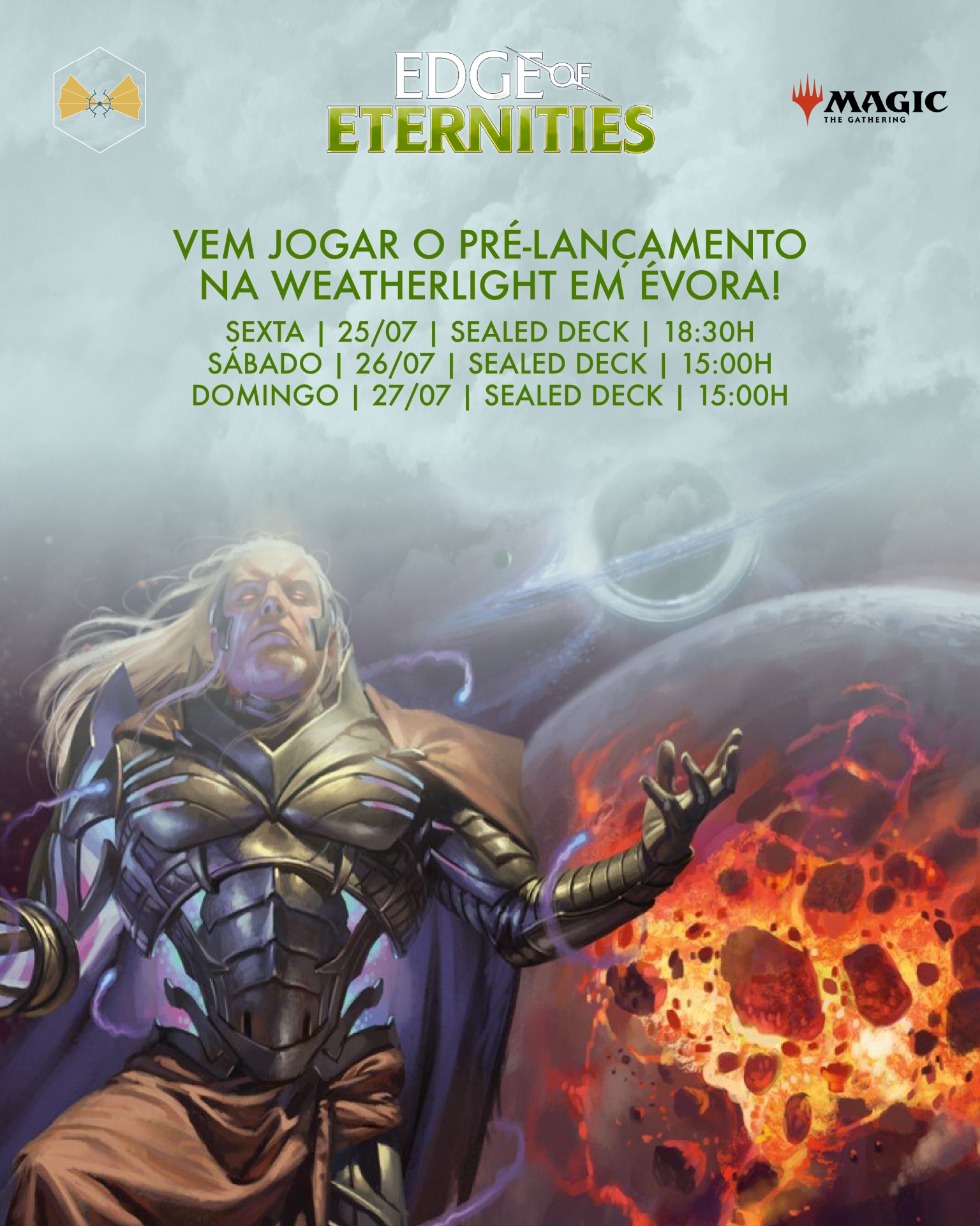 Cartaz do jogo Magic: The Gathering com personagem em armadura e planeta em chamas