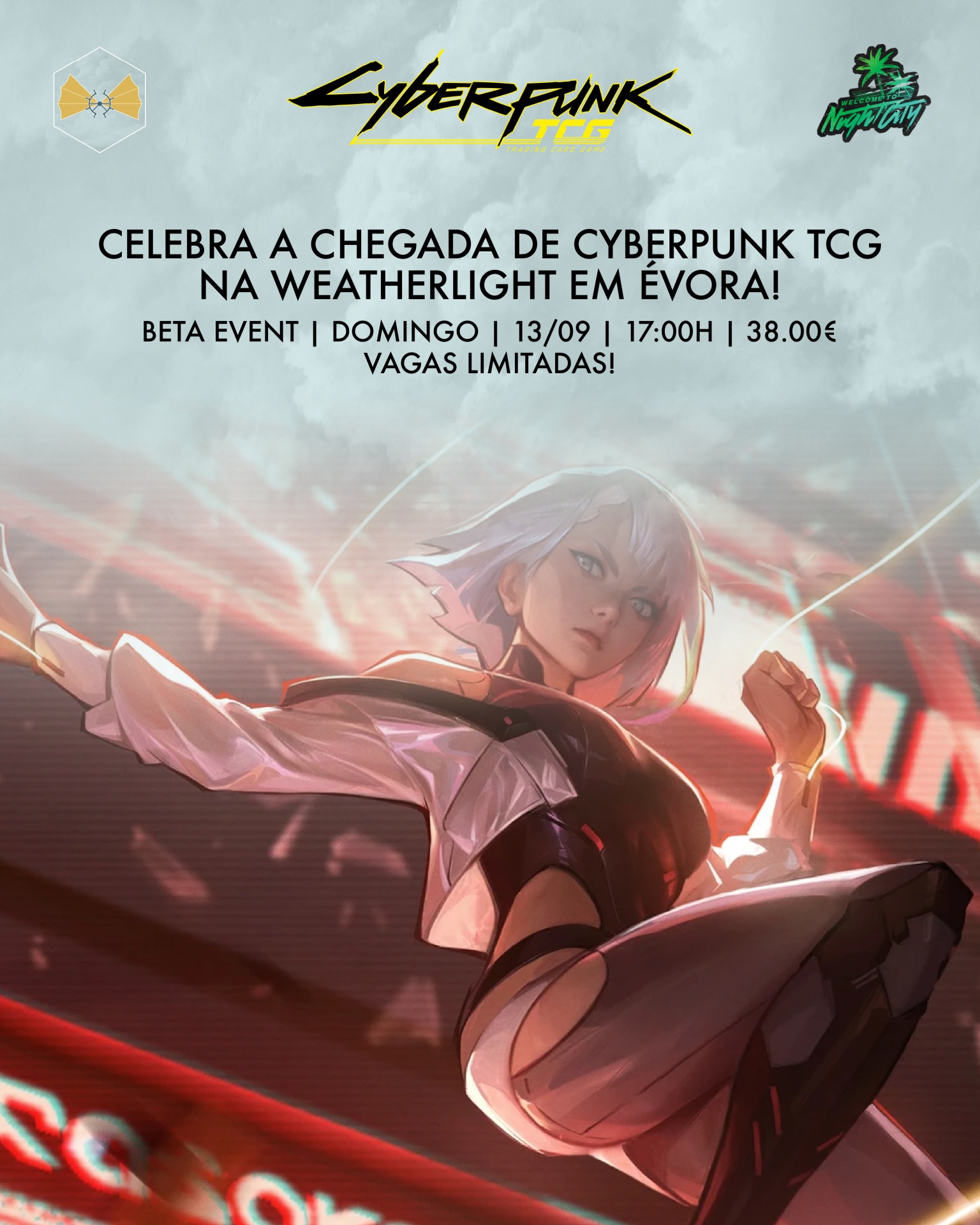 Cartaz do jogo Cyberpunk TCG com personagem feminina e texto promocional.