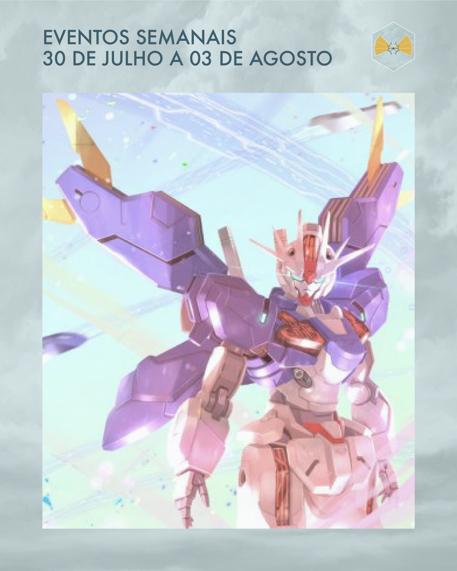 Robô mecha lilás e branco com asas grandes em fundo claro