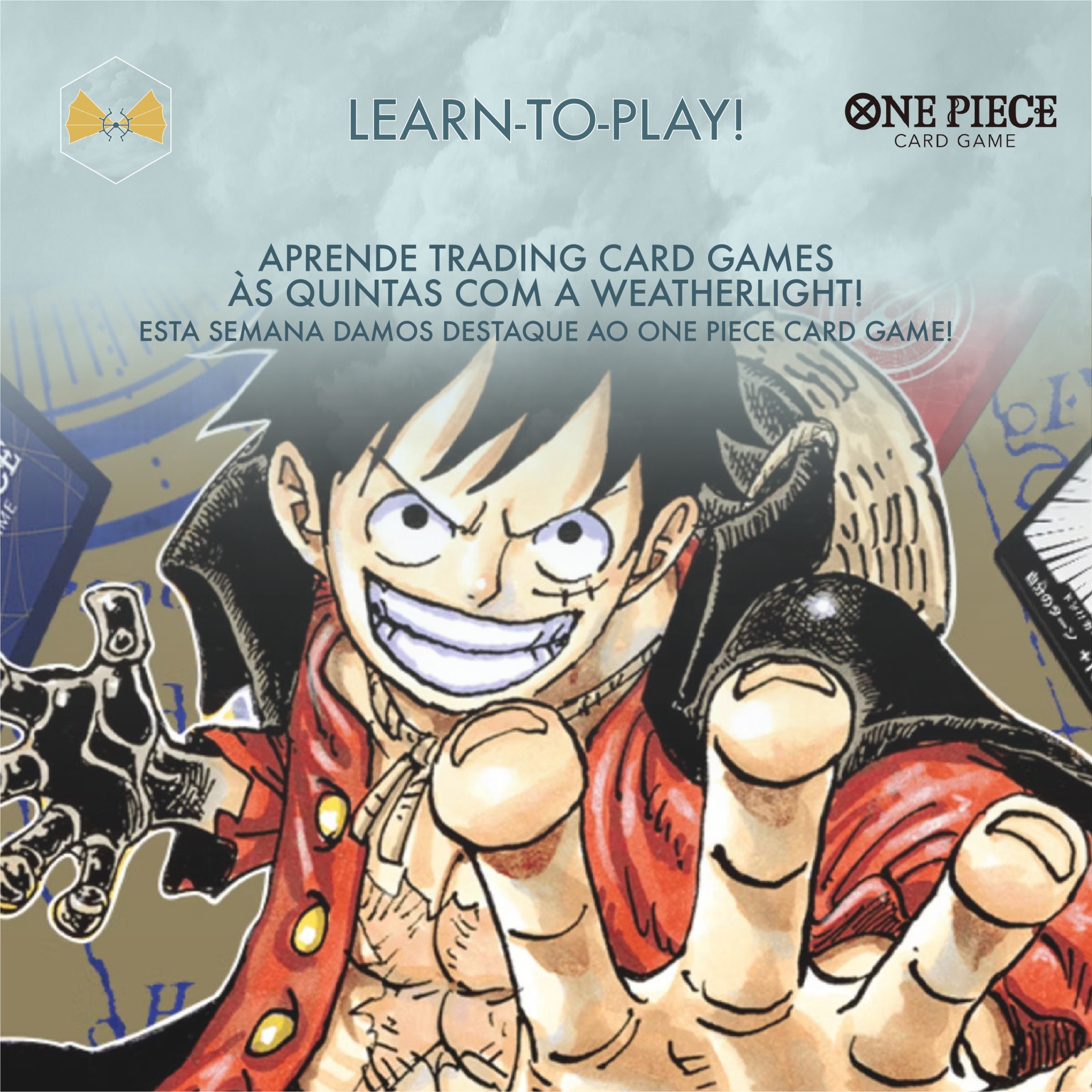 Imagem promocional do jogo de cartas ONE PIECE com ilustração do personagem Luffy e texto em inglês e português