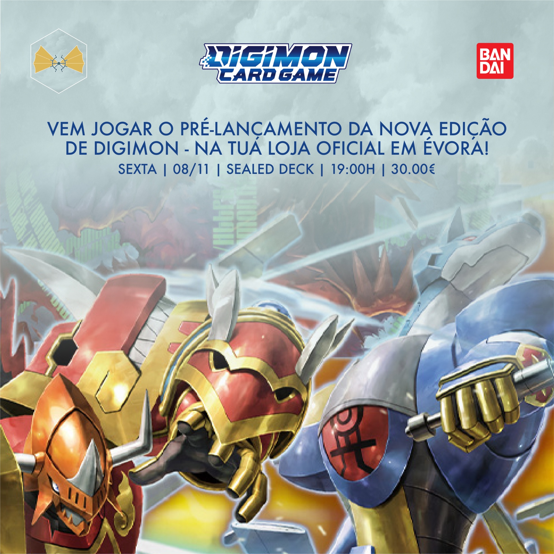 Anúncio do pré-lançamento do Digimon Card Game com robôs vermelhos e azuis e texto sobre evento em Évora.