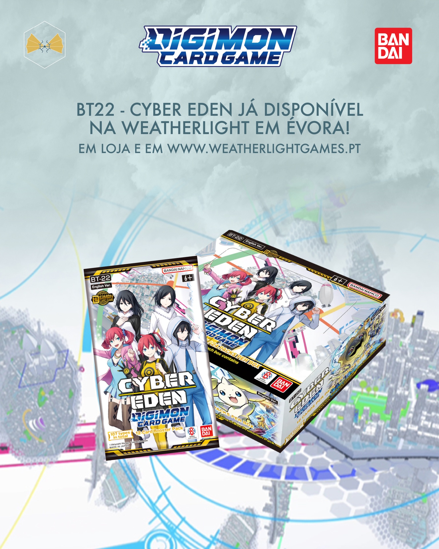 Booster pack e caixa do Digimon Card Game BT22 Cyber Eden com personagens e logos Bandai