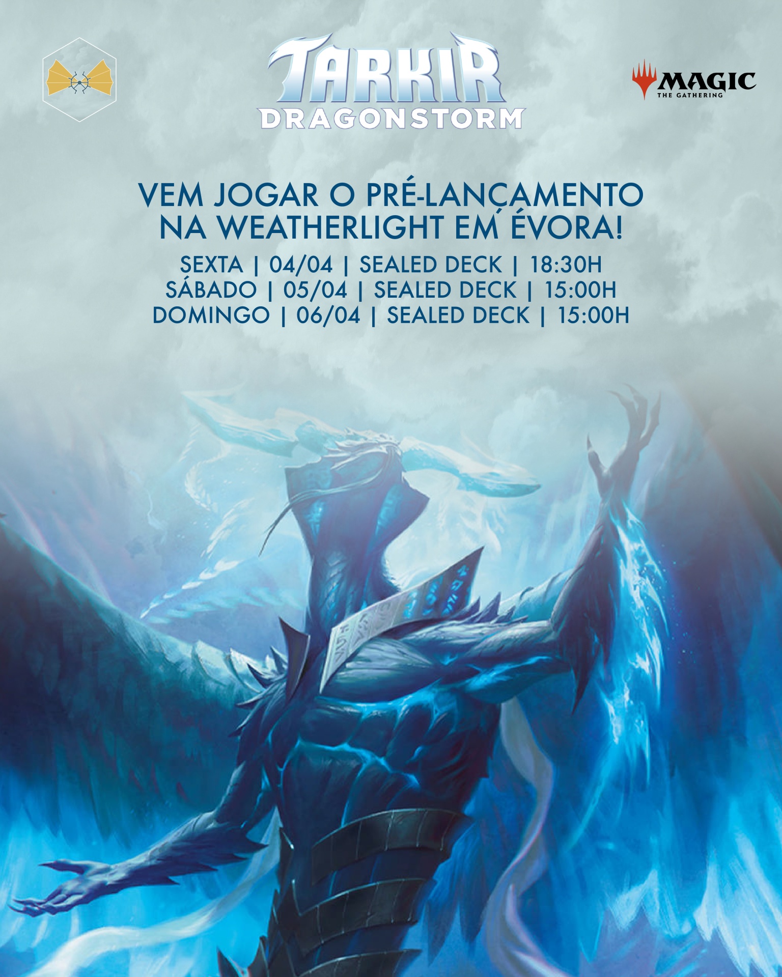 Cartaz promocional do jogo Magic The Gathering Tarkir Dragonstorm com informações de evento em Évora