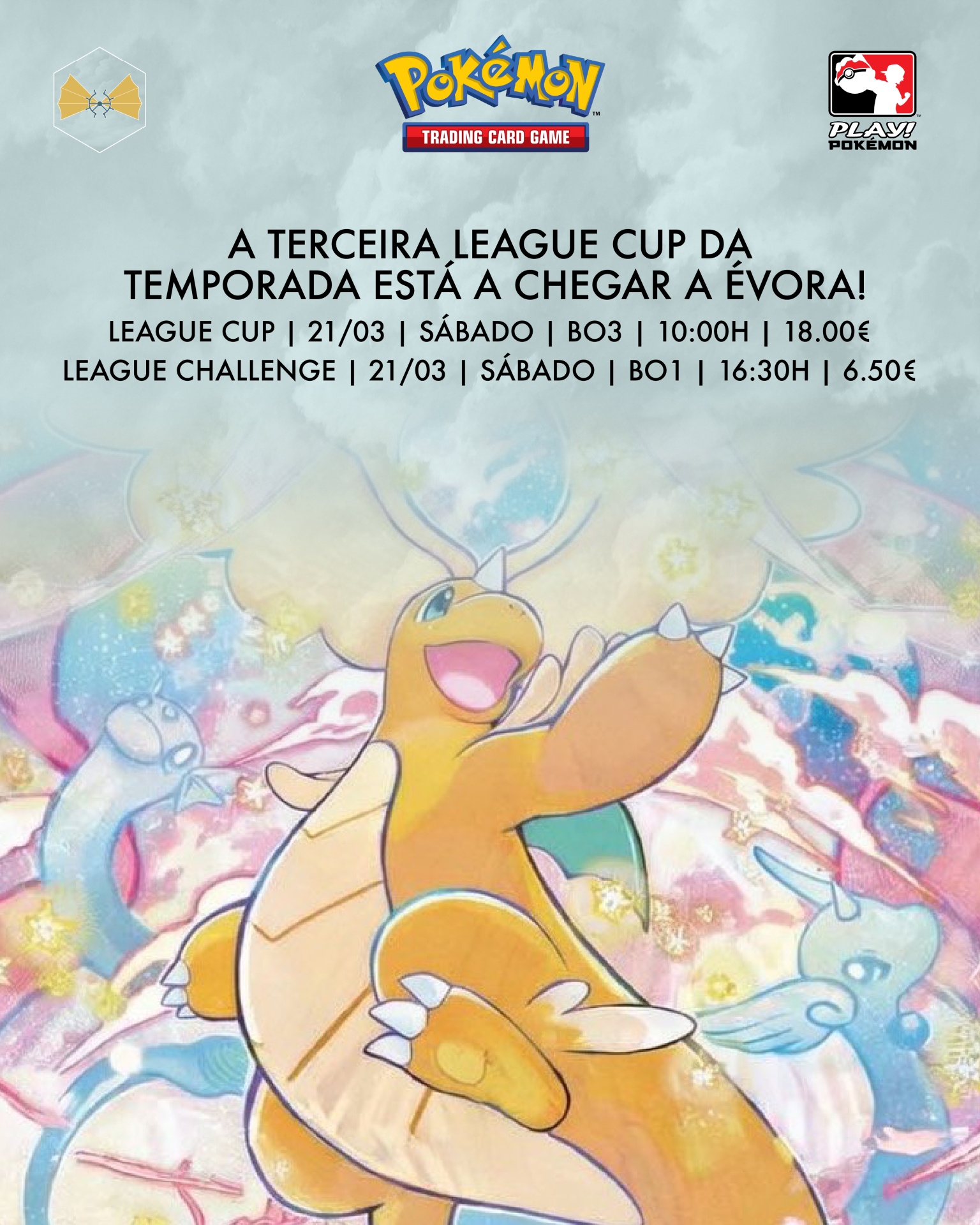 Promoção da Pokémon League Cup com Dragonite no centro