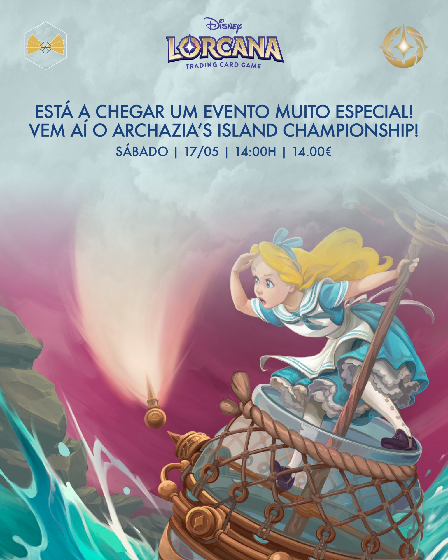 Cartaz Disney Lorcana com menina loira em vestido azul no barco