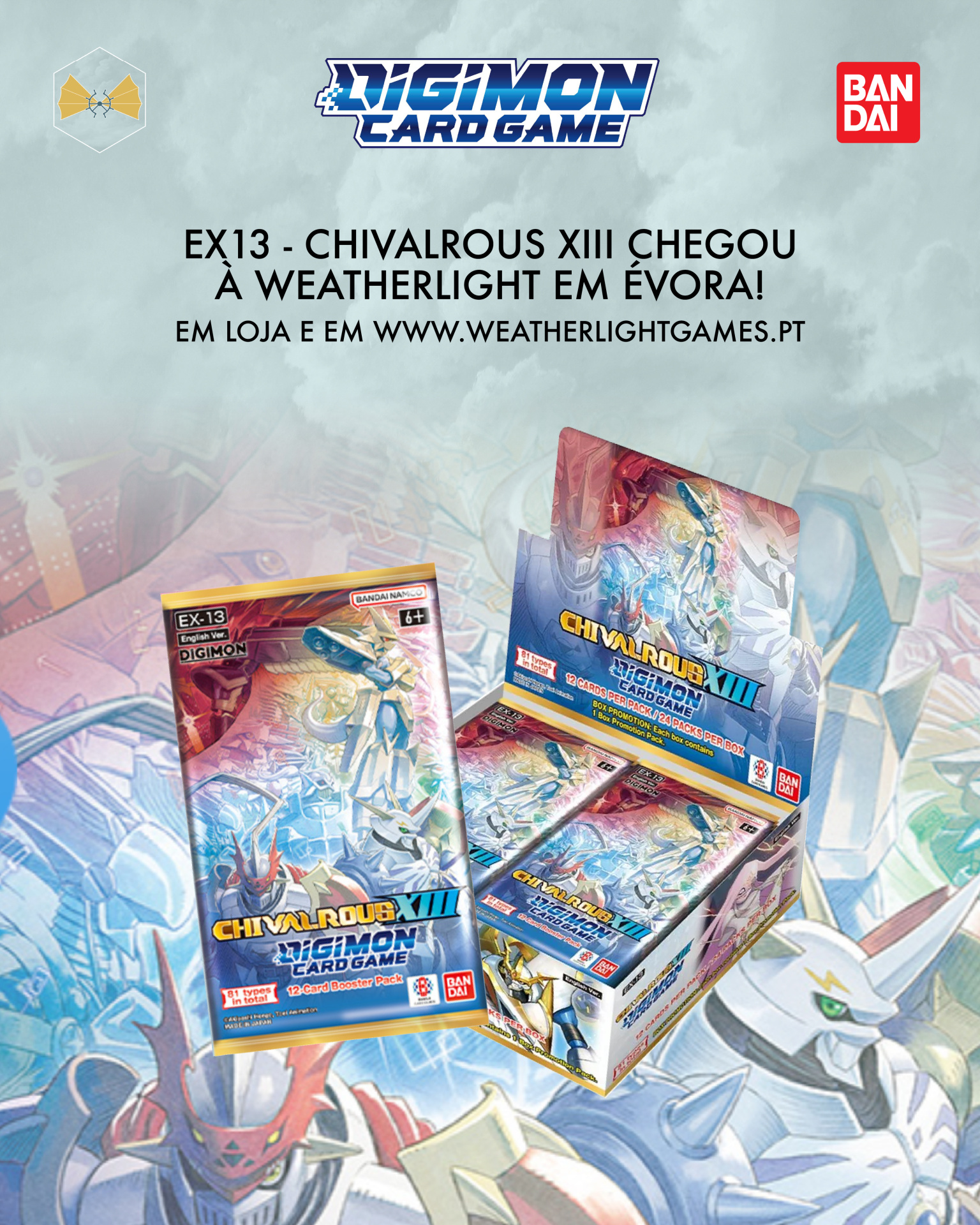 Cartas do Digimon Card Game EX-13 Chivalrous XIII com design azul e dourado e personagens robóticos em estilo anime