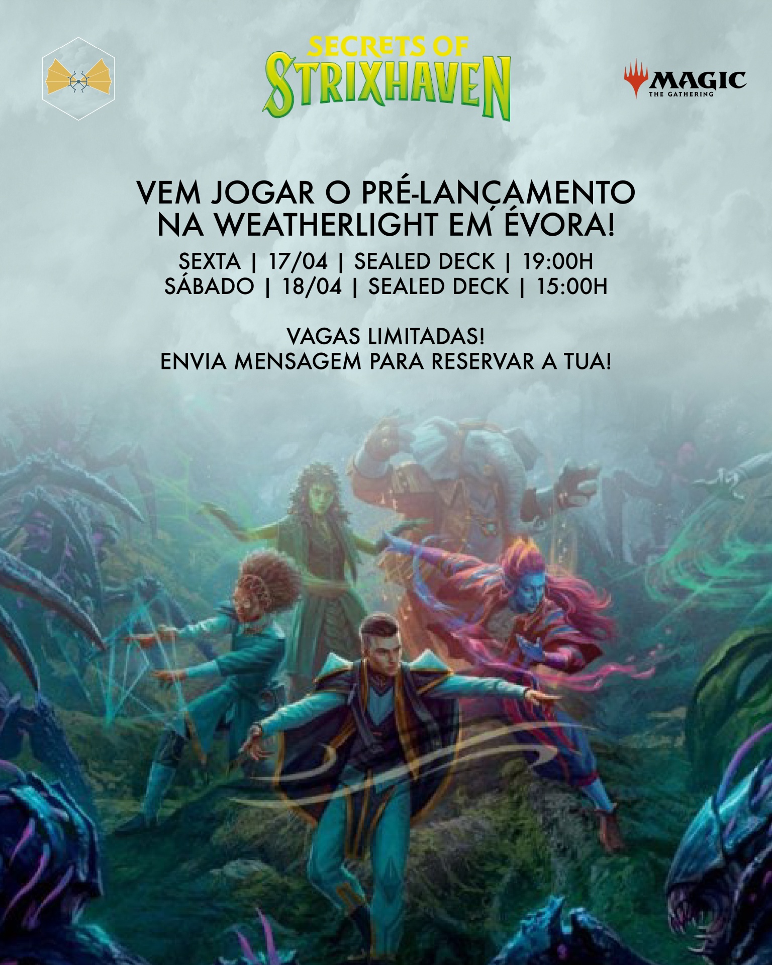 Cartaz promocional de pré-lançamento Secrets of Strixhaven de Magic: The Gathering em Évora
