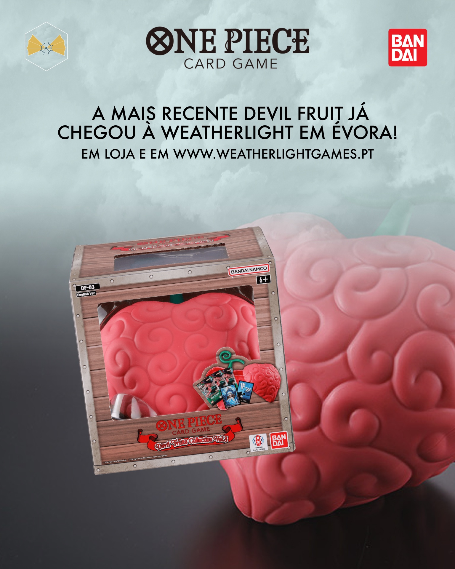 Caixa de jogo ONE PIECE Card Game com réplica da Devil Fruit em vermelho