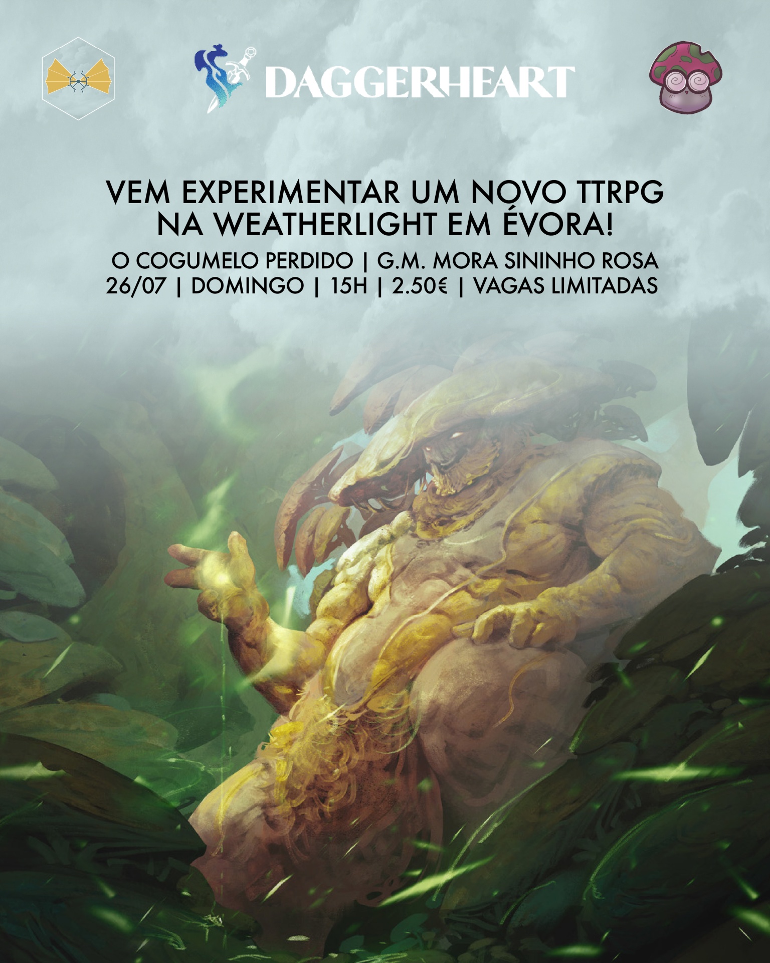 Imagem promocional de TTRPG com texto e criatura monstruosa numa floresta