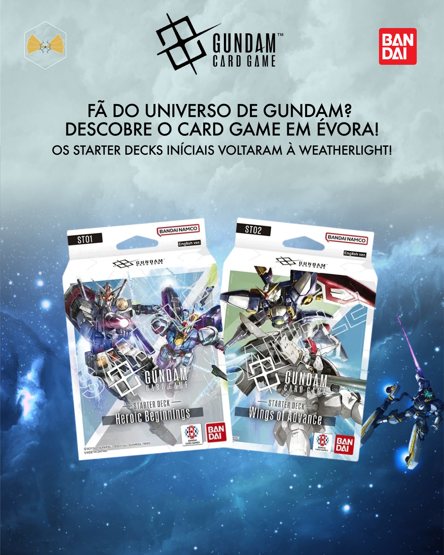 Imagem promocional de dois starter decks do Gundam Card Game em fundo azul com robôs Gundam